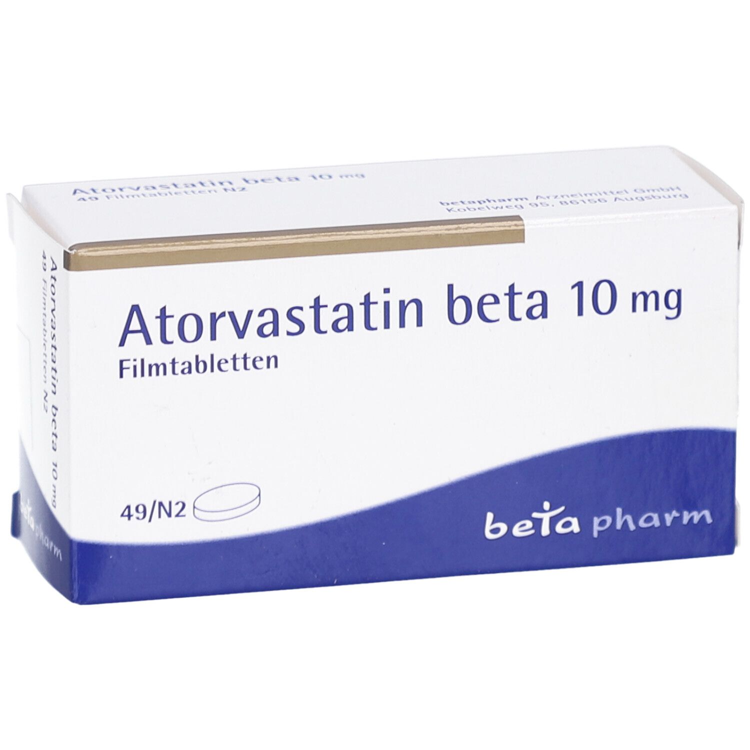 Schachtel Atorvastatin beta 10 mg Filmtabletten. Blaue und weiße Verpackung. Beta pharm Logo. Schrägansicht.