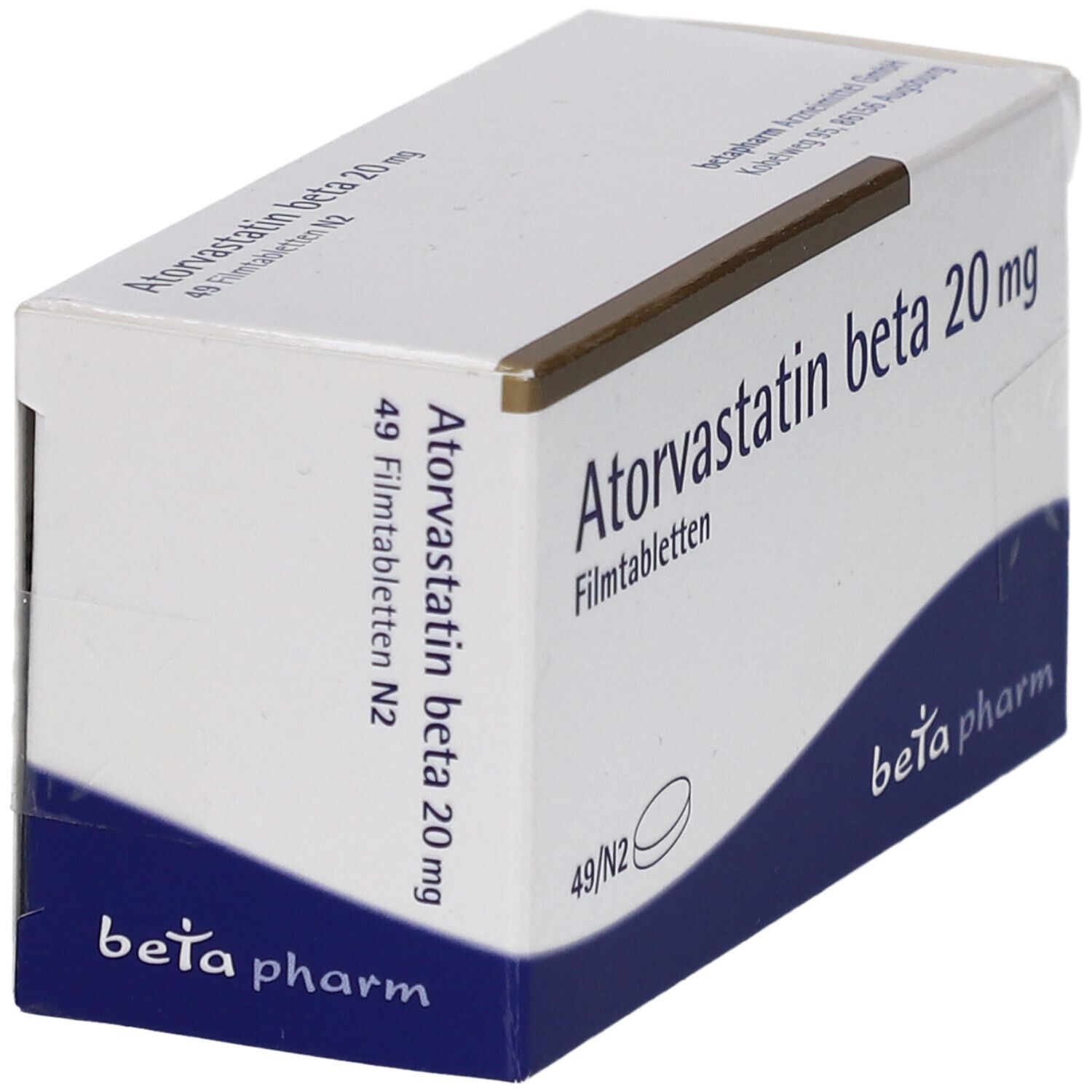 Schachtel mit Atorvastatin beta 20 mg Filmtabletten. Aufschrift: beta pharm. Weiße Verpackung, schräg.