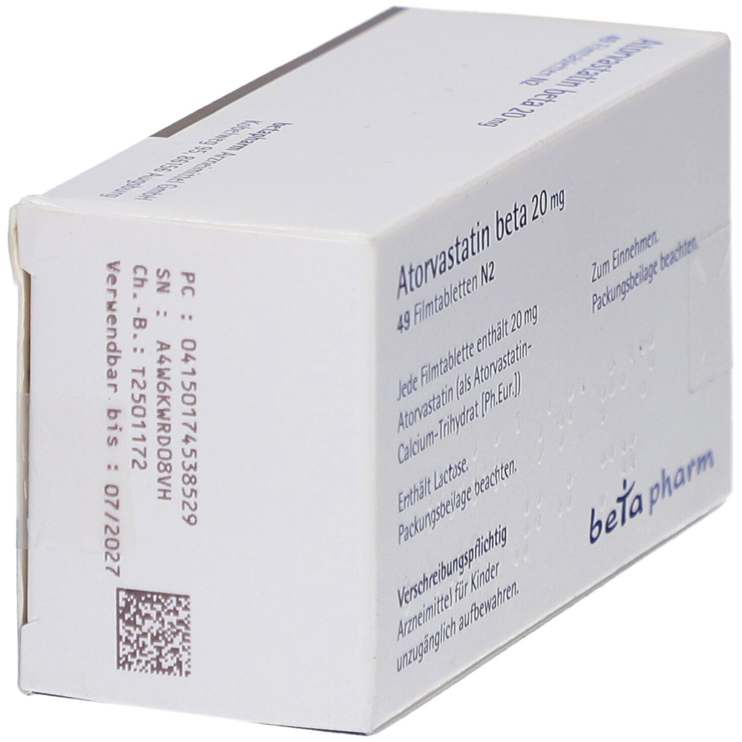 Schachtel mit Atorvastatin beta 20 mg Filmtabletten. Text, QR-Code und Logo beta pharm.