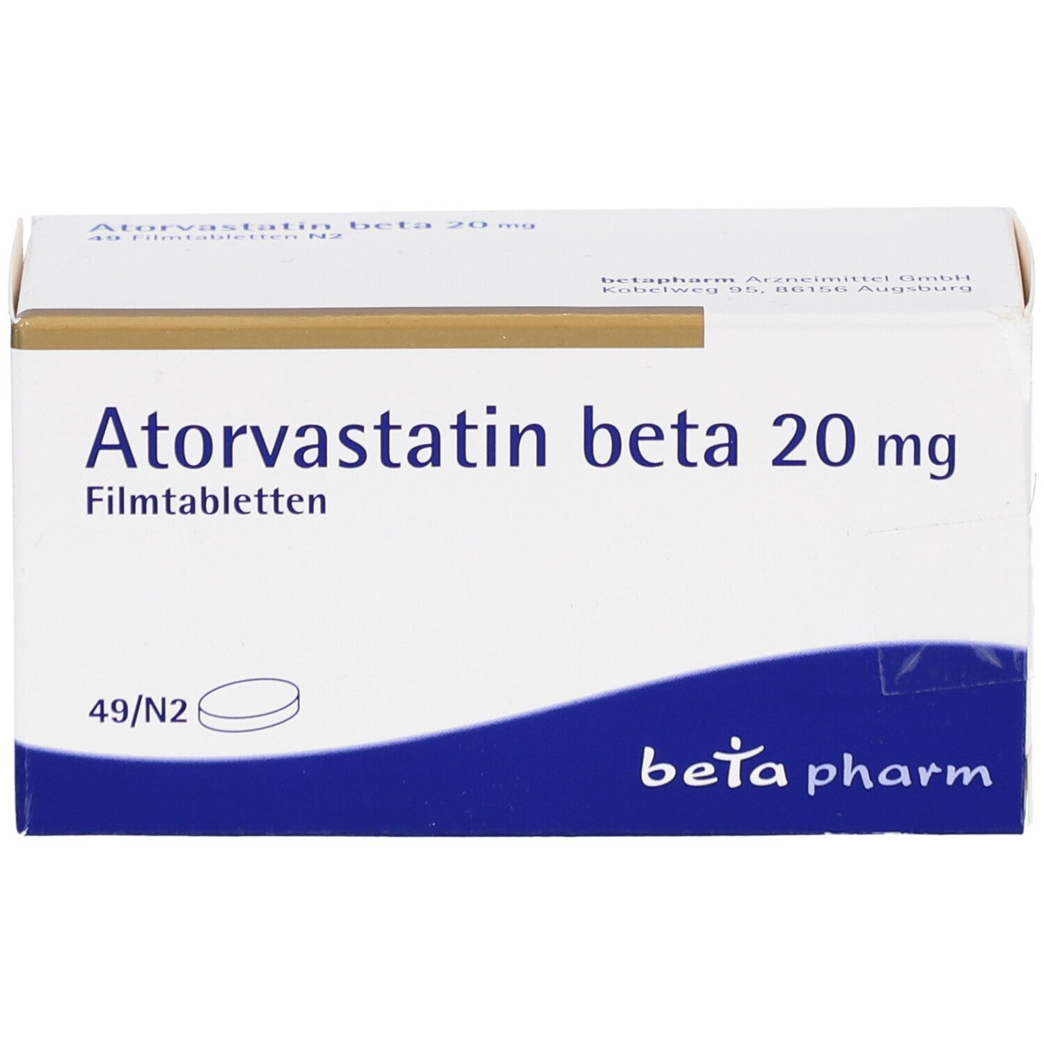 Schachtel mit Atorvastatin beta 20 mg Filmtabletten. Aufschrift: beta pharm. Weiße Verpackung.