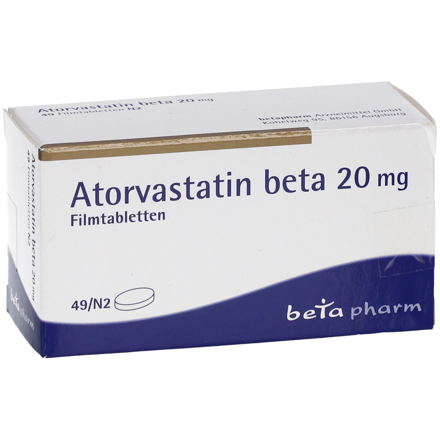 Schachtel mit Atorvastatin beta 20 mg Filmtabletten. Aufschrift: beta pharm. Weiße Verpackung.