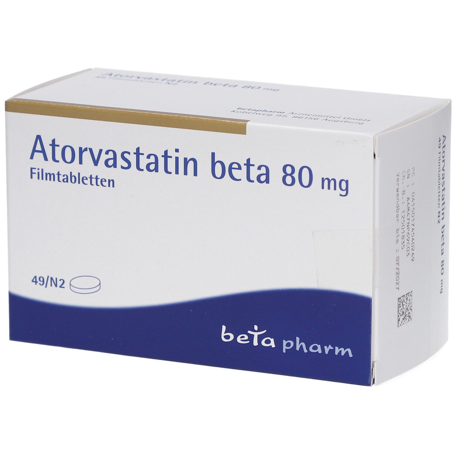 Schachtel mit "Atorvastatin beta 80 mg Filmtabletten". Weiß, mit blauer und goldener Schrift.