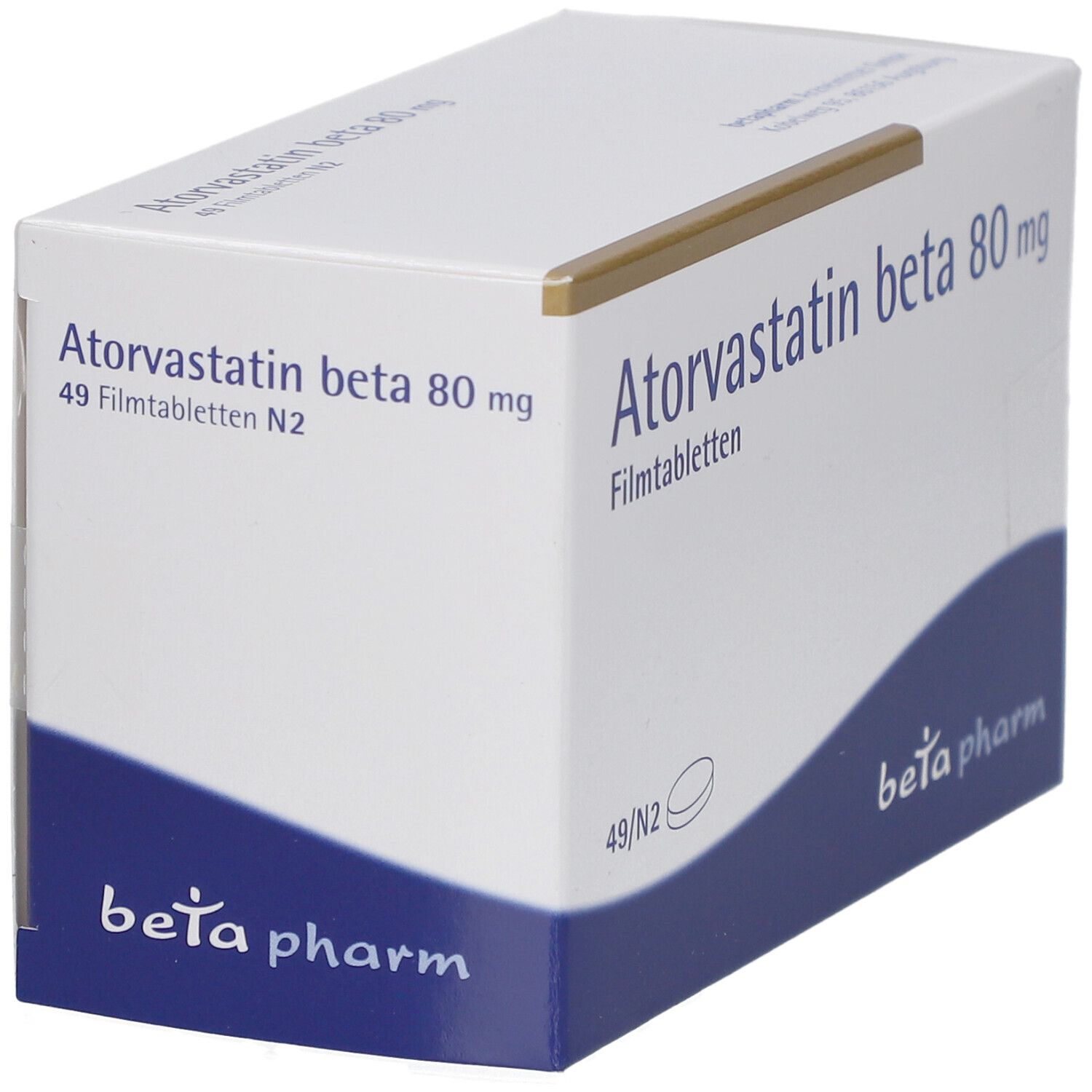 Schachtel "Atorvastatin beta 80 mg Filmtabletten". Weiß mit blauem Wellenmuster und Schrift.
