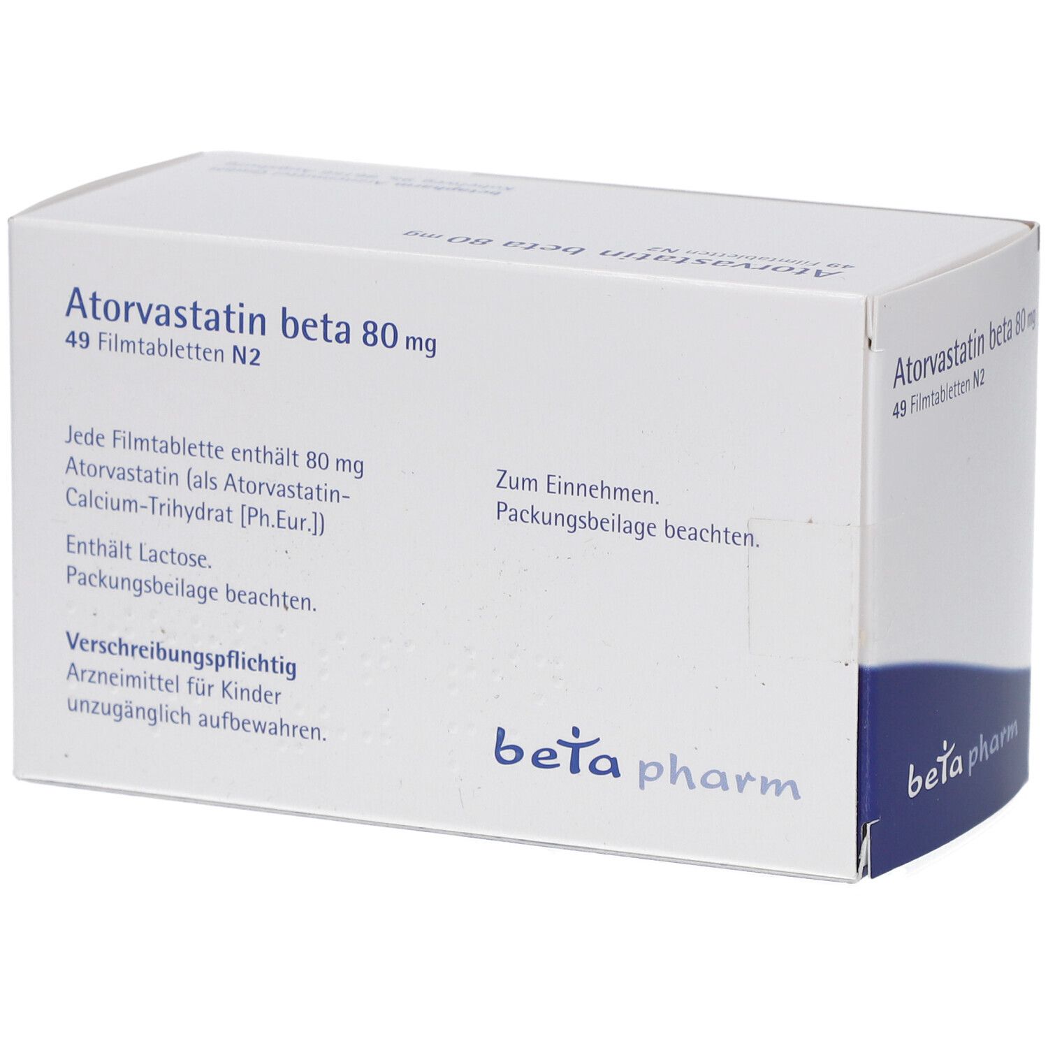 Schachtel "Atorvastatin beta 80 mg Filmtabletten". Text mit Inhaltsangaben und Warnhinweisen.