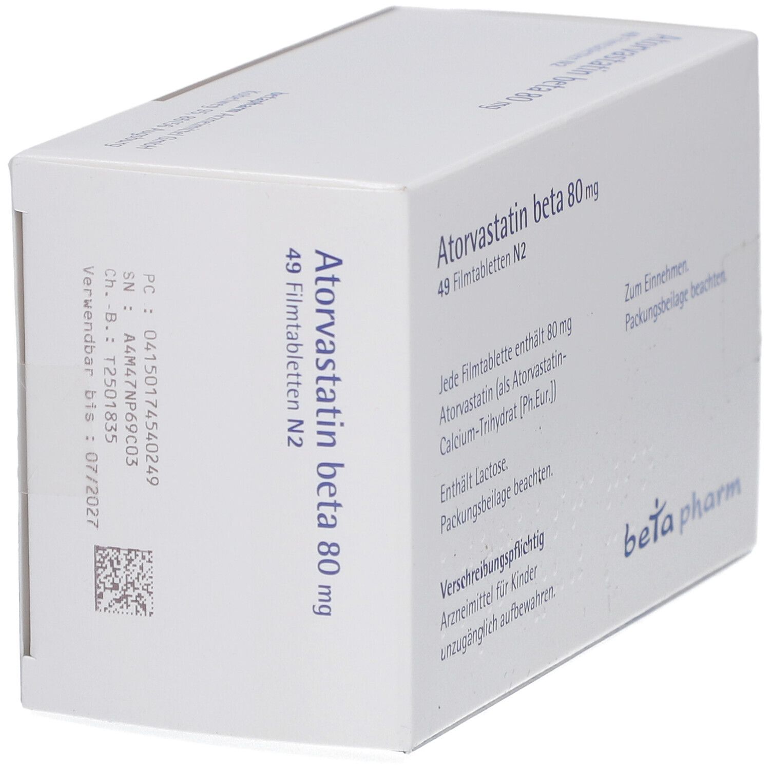 Schachtel "Atorvastatin beta 80 mg Filmtabletten". Detailansicht mit Text und QR-Code.
