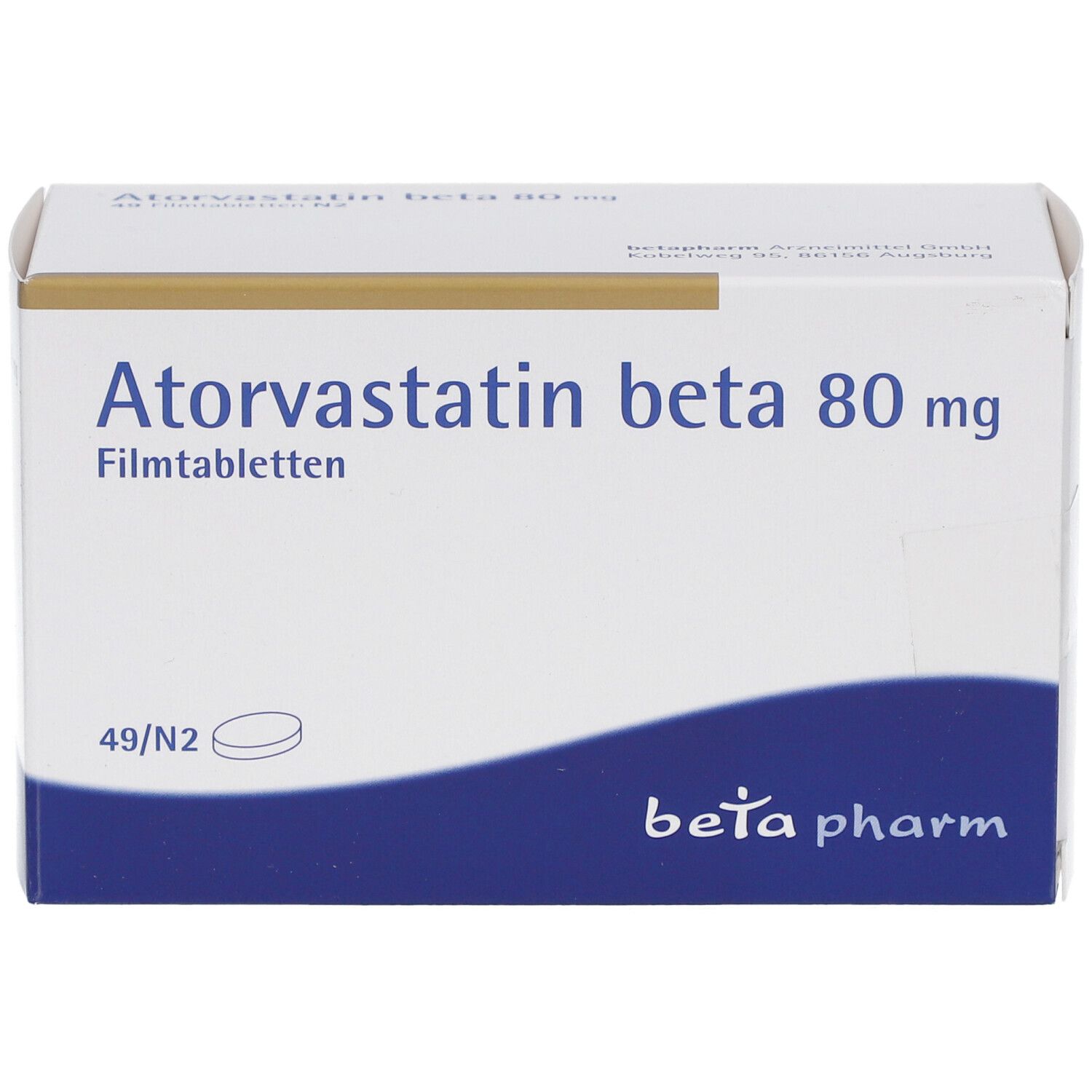 Schachtel "Atorvastatin beta 80 mg Filmtabletten". Weiß mit blauem Streifen und Schrift.