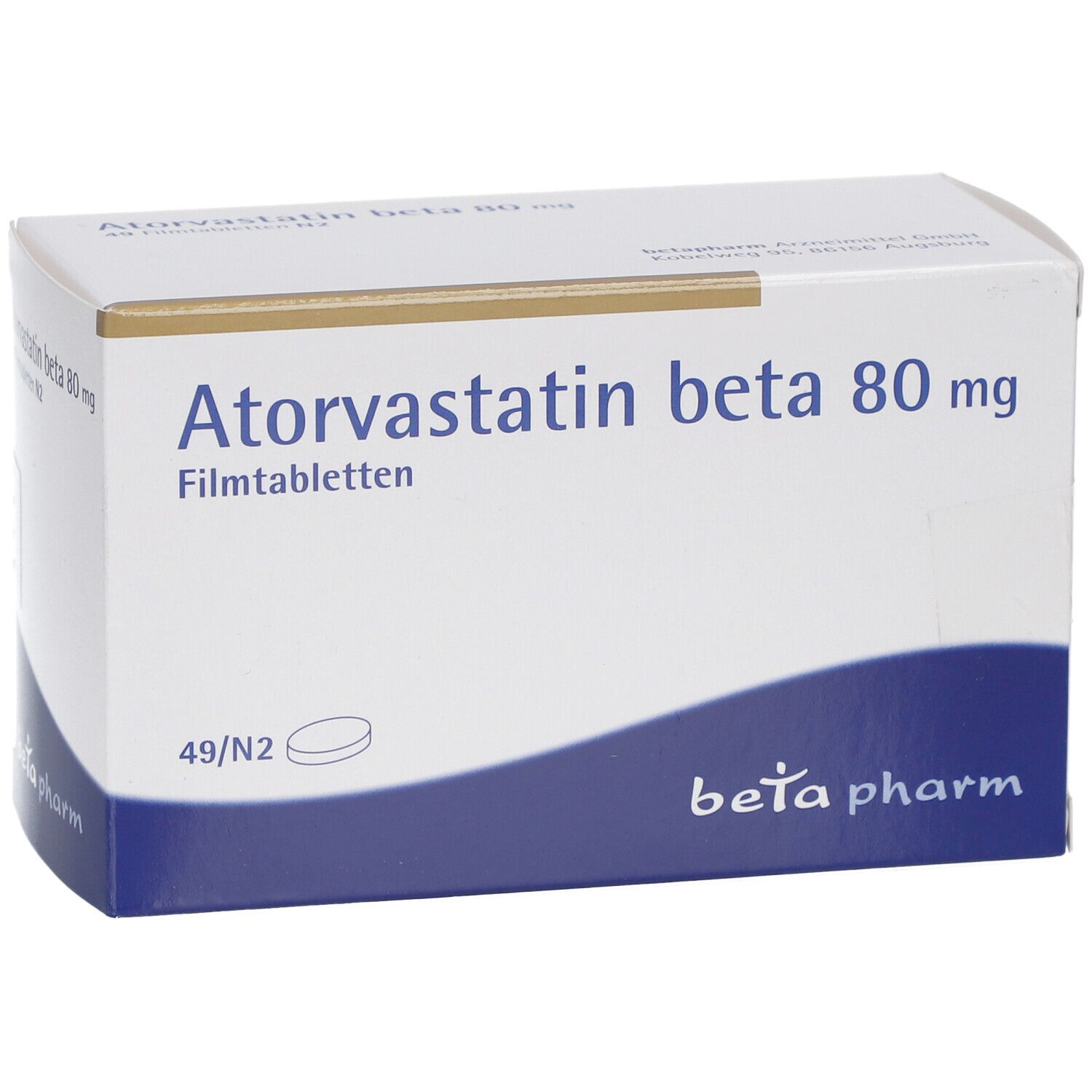 Schachtel "Atorvastatin beta 80 mg Filmtabletten". Weiß mit blauem Streifen und Schrift.