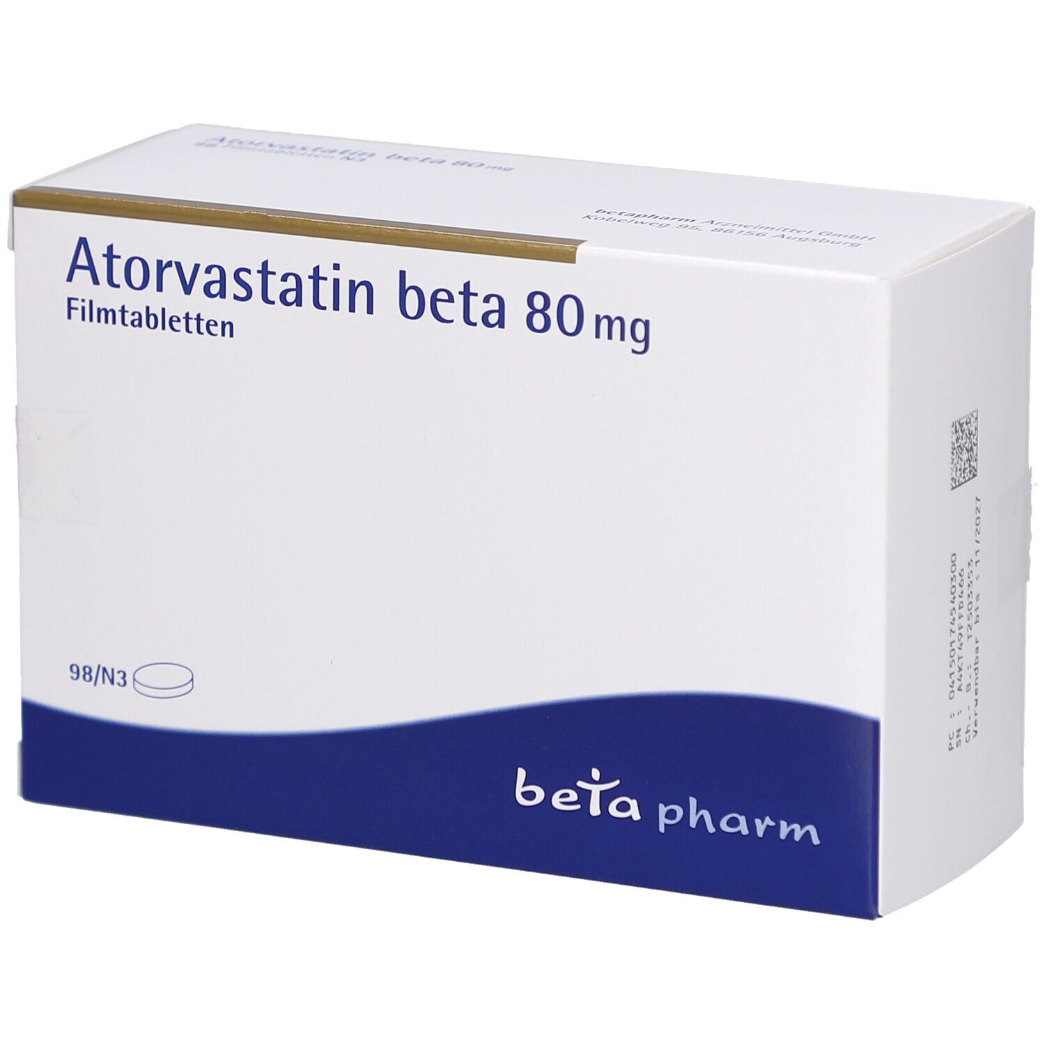 Schachtel mit Atorvastatin beta 80 mg Filmtabletten. Blaue und weiße Verpackung. Logo: beta pharm.