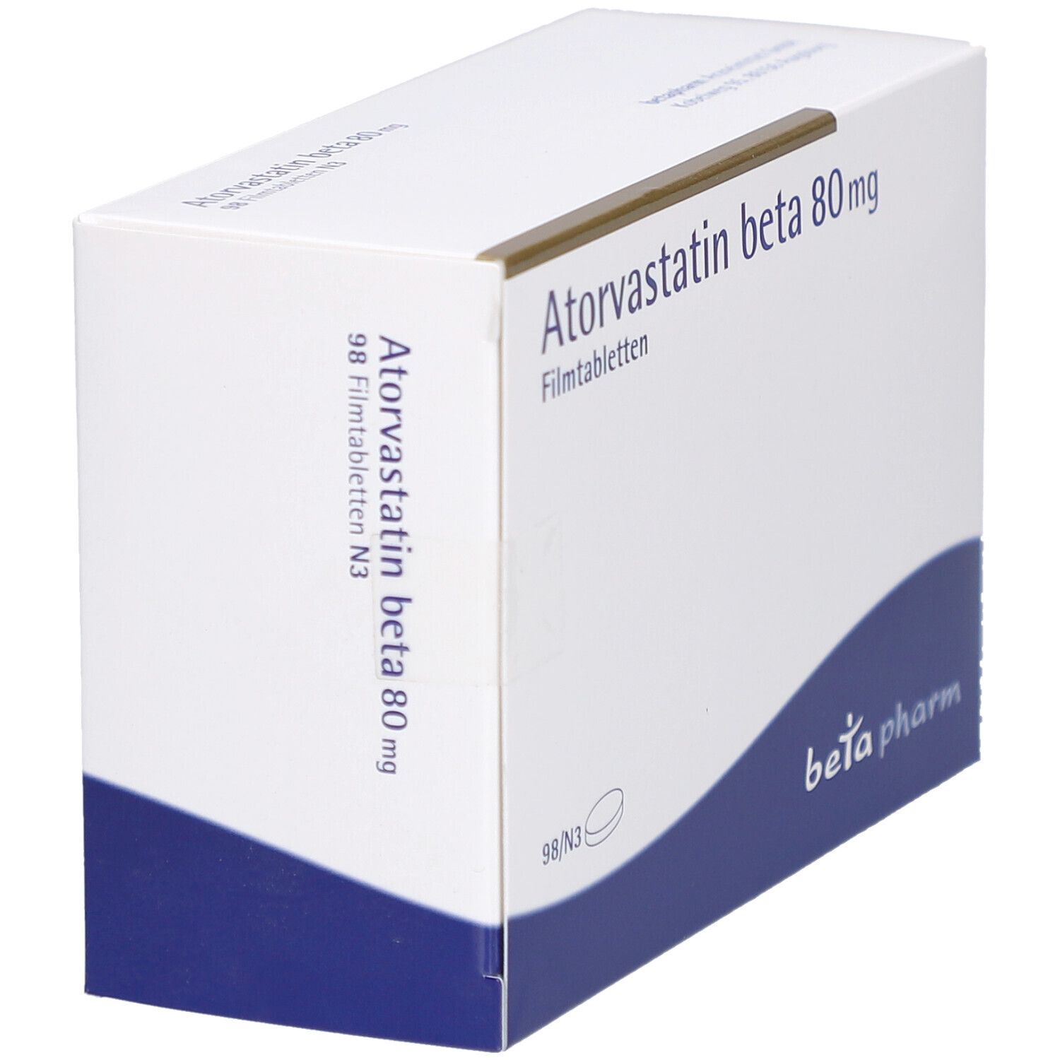 Schachtel mit Atorvastatin beta 80 mg Filmtabletten. Weiße Verpackung mit blauer Ecke. Logo: beta pharm.