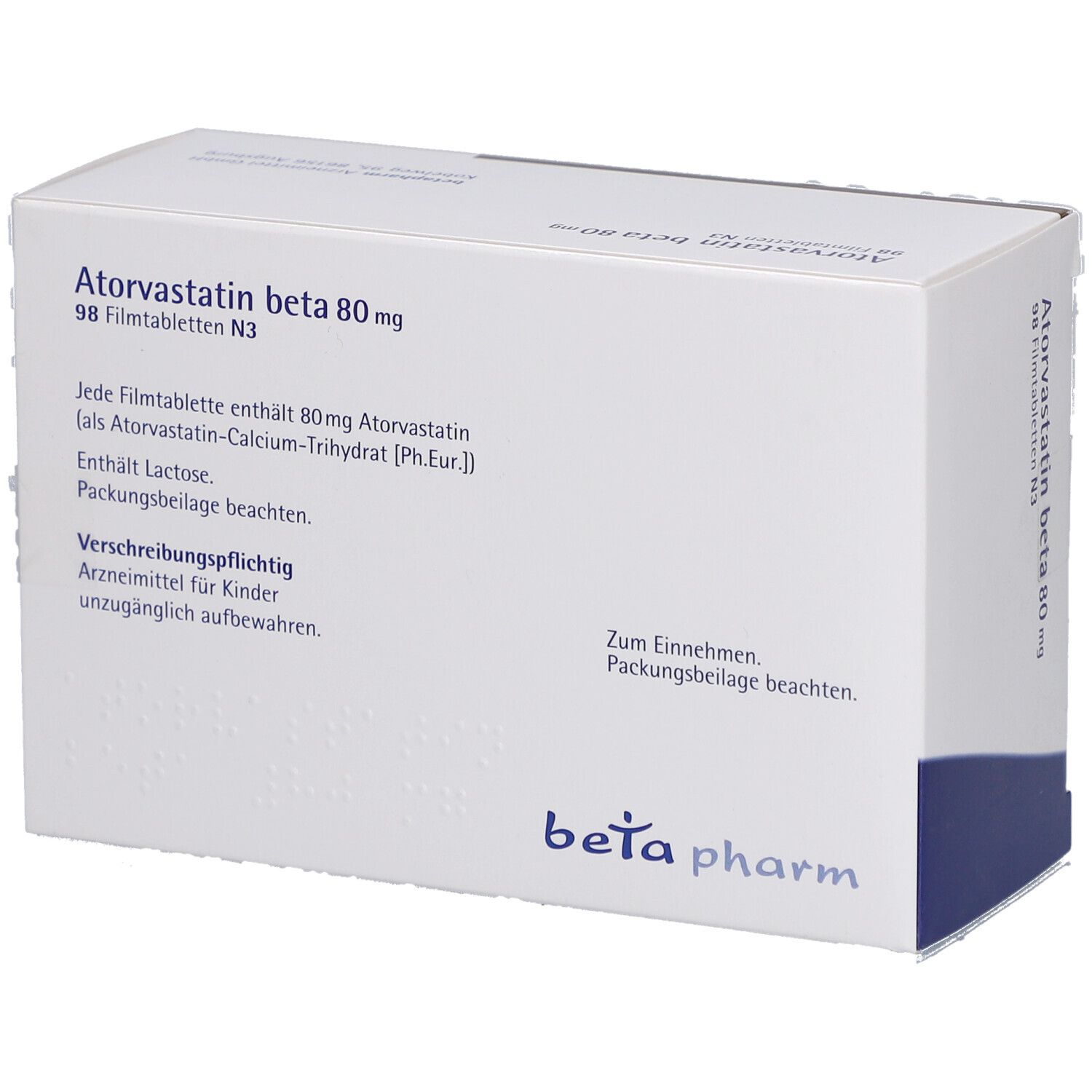 Schachtel mit Atorvastatin beta 80 mg Filmtabletten. Text auf der Verpackung. Logo: beta pharm.