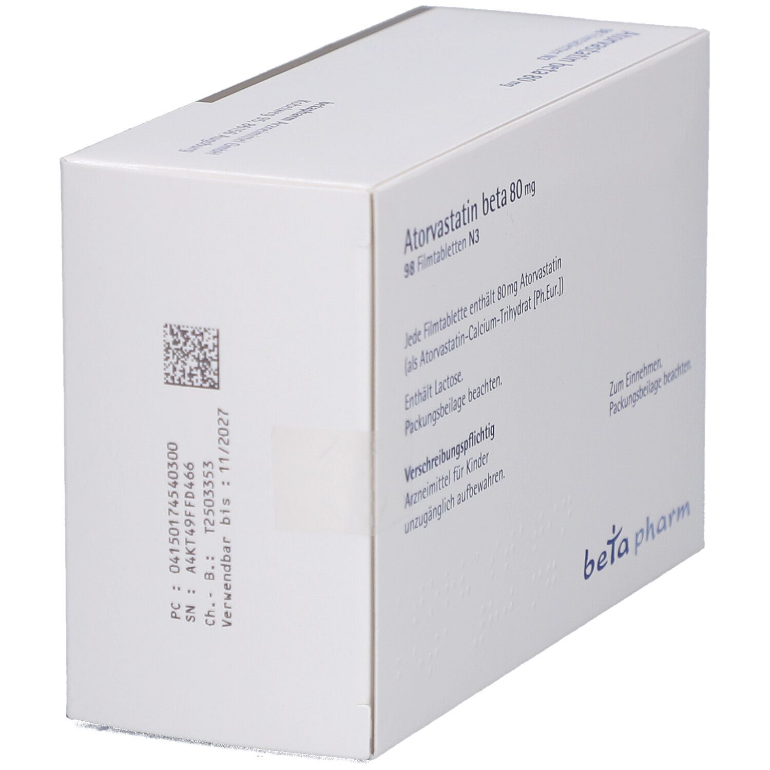 Schachtel mit Atorvastatin beta 80 mg Filmtabletten. Rückseite mit Text und Barcode. Logo: beta pharm.
