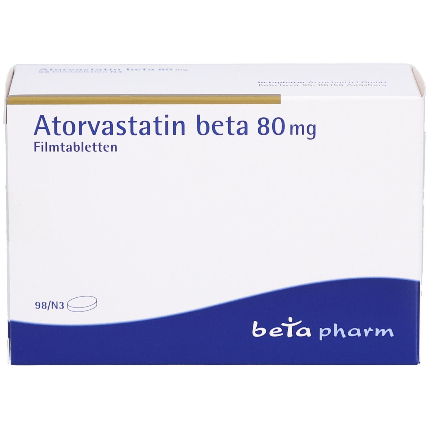 Schachtel mit Atorvastatin beta 80 mg Filmtabletten. Weiße Verpackung mit blauem Streifen. Logo: beta pharm.