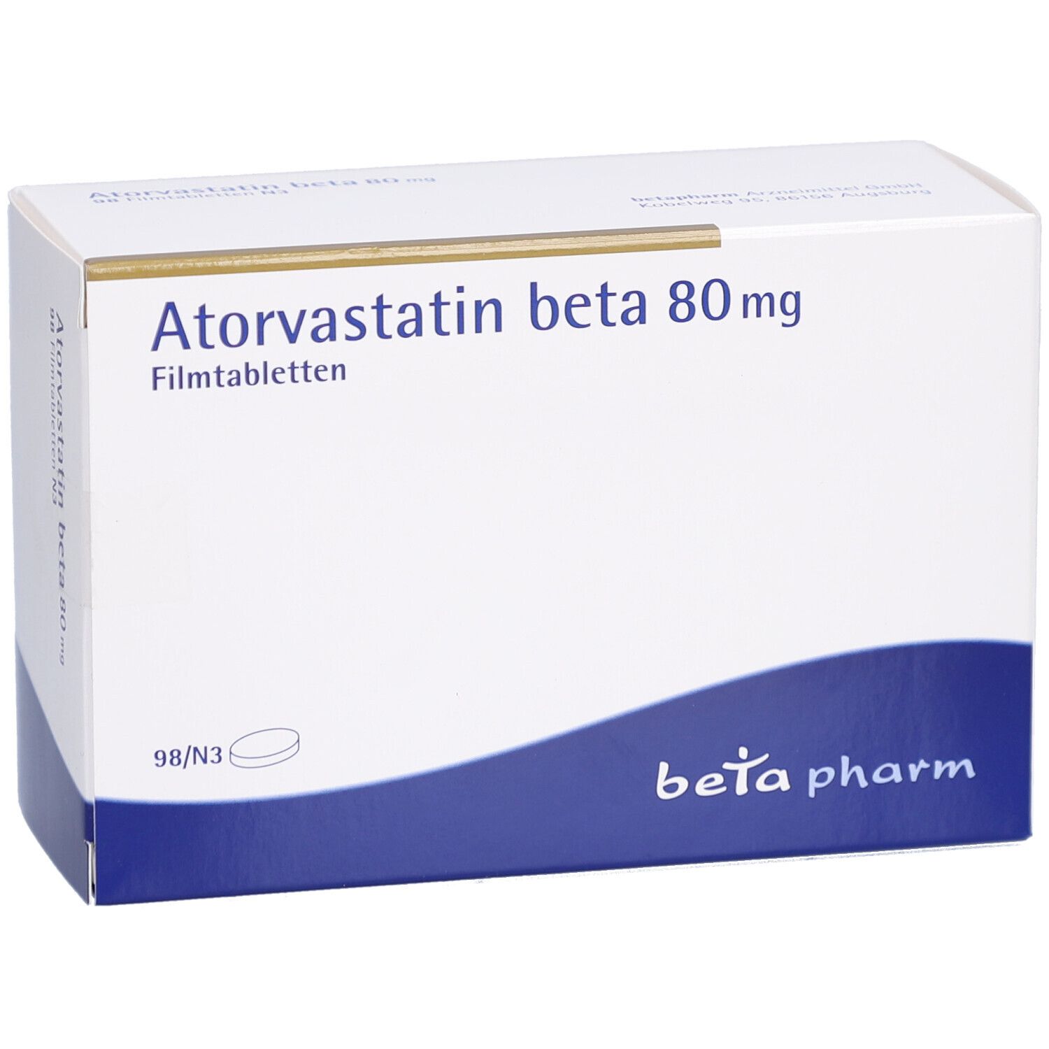 Schachtel mit Atorvastatin beta 80 mg Filmtabletten. Weiße Verpackung mit blauem Streifen. Logo: beta pharm.