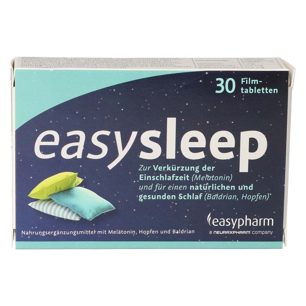 Schachtel mit easysleep® Filmtabletten. Aufschrift: easysleep, 30 Filmtabletten. Abbildung von Kissen. Text: Zur Verkürzung der Einschlafzeit.