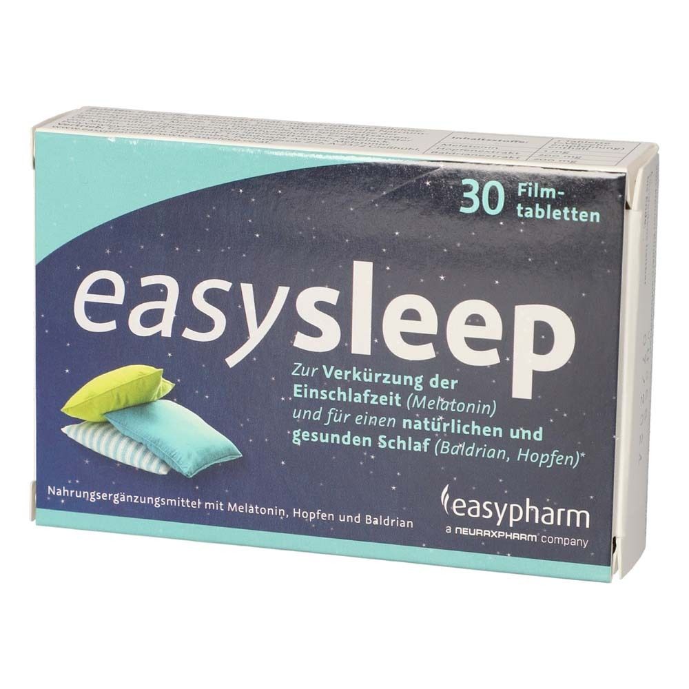 Schachtel mit easysleep® Filmtabletten, leicht schräg. Aufschrift: easysleep, 30 Filmtabletten. Abbildung von Kissen. Text: Zur Verkürzung der Einschlafzeit.