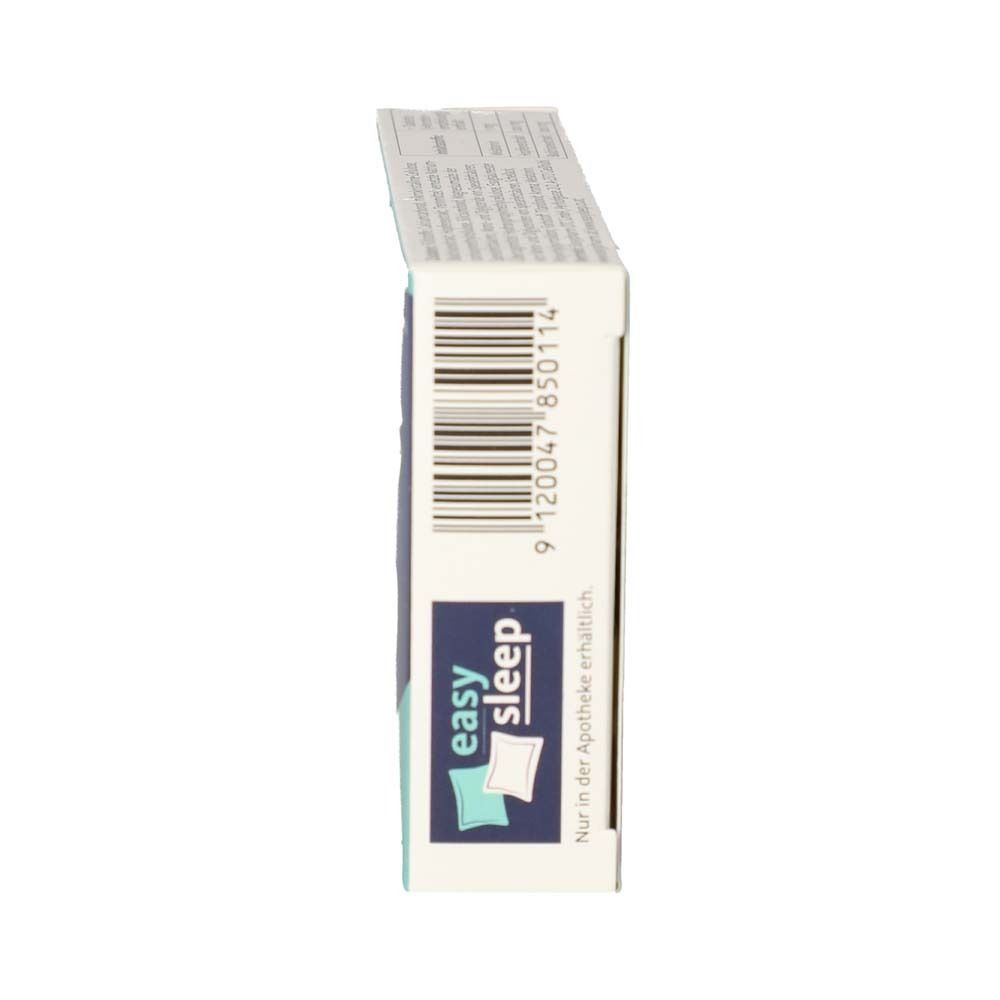 Schmale Seitenansicht der Schachtel mit easysleep® Filmtabletten. Barcode und easysleep Logo. Text: Nur in der Apotheke erhältlich.