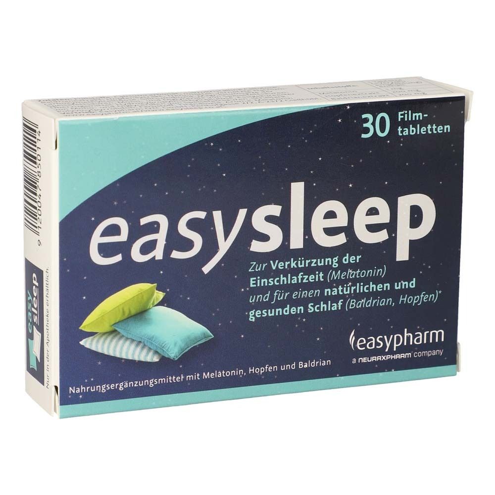 Schachtel mit easysleep® Filmtabletten. Aufschrift: easysleep, 30 Filmtabletten. Abbildung von Kissen. Text: Zur Verkürzung der Einschlafzeit.