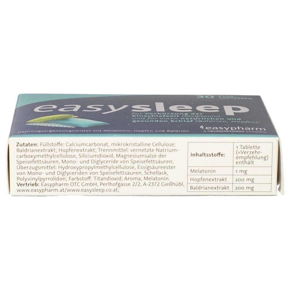 Oberseite der Schachtel mit easysleep® Filmtabletten. Auflistung der Inhaltsstoffe und Nährwertangaben. Text: 1 Tablette enthält...