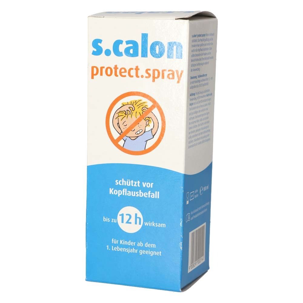 Schachtel s.calon protect.spray. Seitenansicht mit Text und Barcode. Text: schützt vor Kopflausbefall, bis zu 12h wirksam, für Kinder ab 1. Lebensjahr.