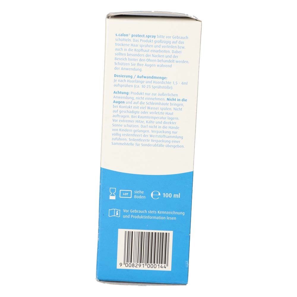Rückseite der Schachtel s.calon protect.spray. Text: Anwendungshinweise, Inhaltsstoffe, Warnhinweise. Volumen: 100 ml. Barcode.