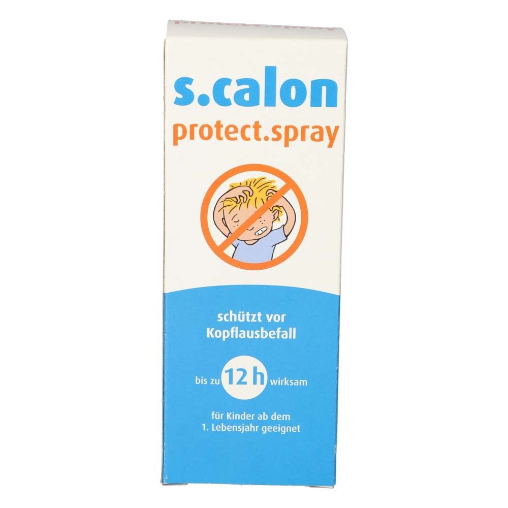 Schachtel s.calon protect.spray. Aufdruck: schützt vor Kopflausbefall, bis zu 12h wirksam, für Kinder ab dem 1. Lebensjahr geeignet.