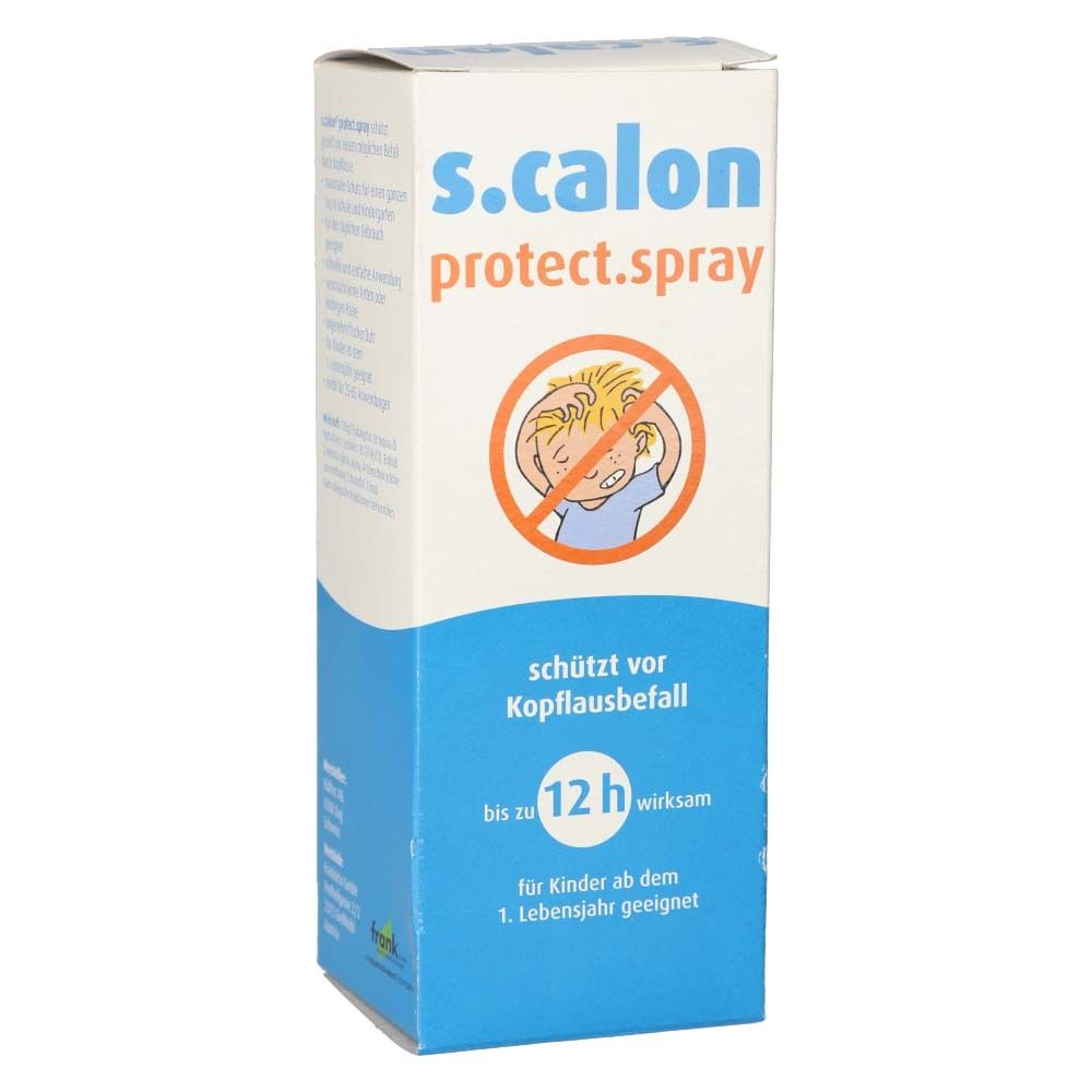 Schachtel s.calon protect.spray. Aufdruck: schützt vor Kopflausbefall, bis zu 12h wirksam, für Kinder ab dem 1. Lebensjahr geeignet.