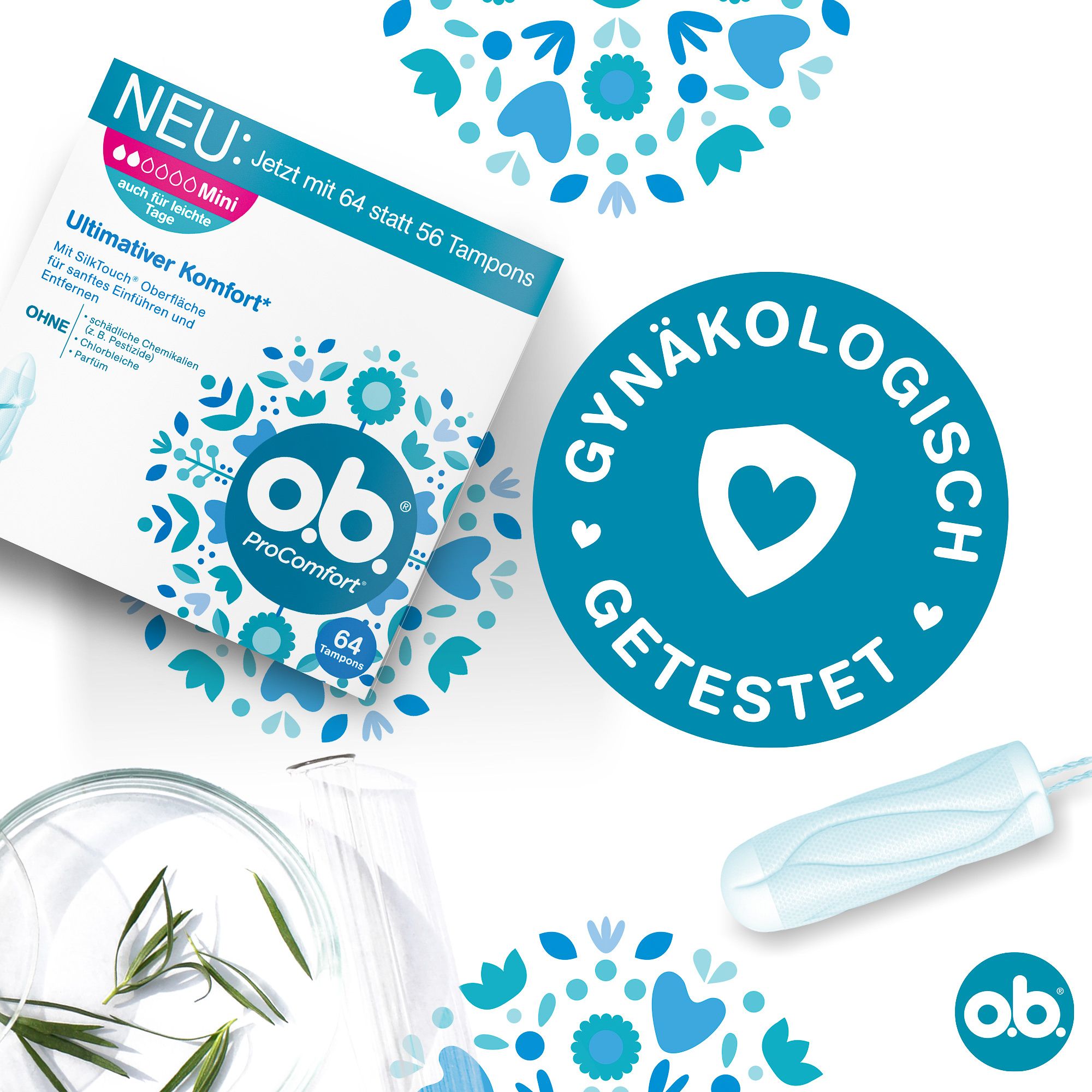 O.B. ProComfort Mini Tampon-Packung. 64 Tampons. Gynäkologisch getestet. Blaue Blüten. Tampon.