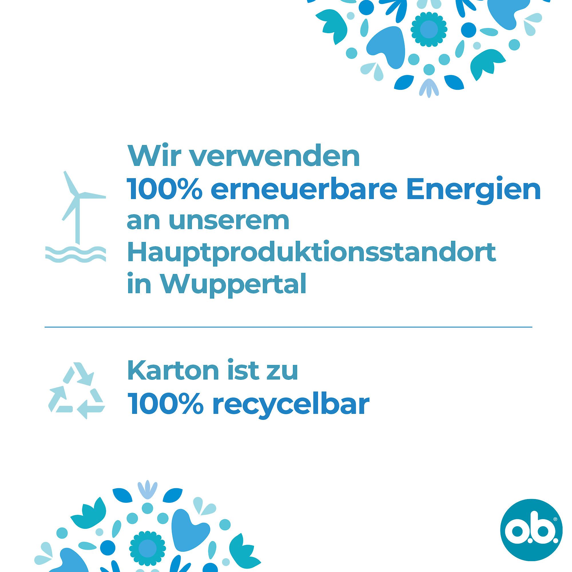 Text: Wir verwenden 100% erneuerbare Energien. Karton ist zu 100% recycelbar. Windrad- und Recycling-Symbol. O.B. Logo.