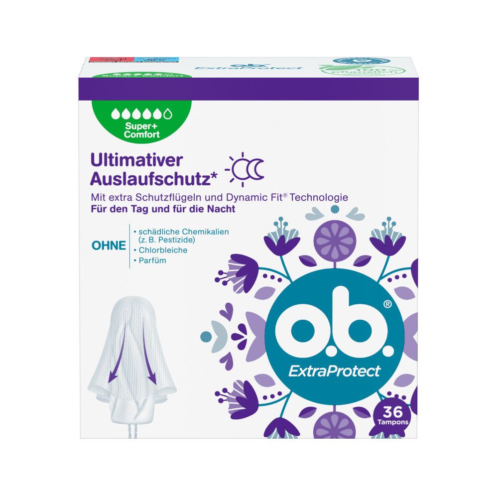 Packung o.b.® ExtraProtect Super+ Comfort Tampons. 36 Stück. Mit Logo, Produktnamen und Eigenschaften.