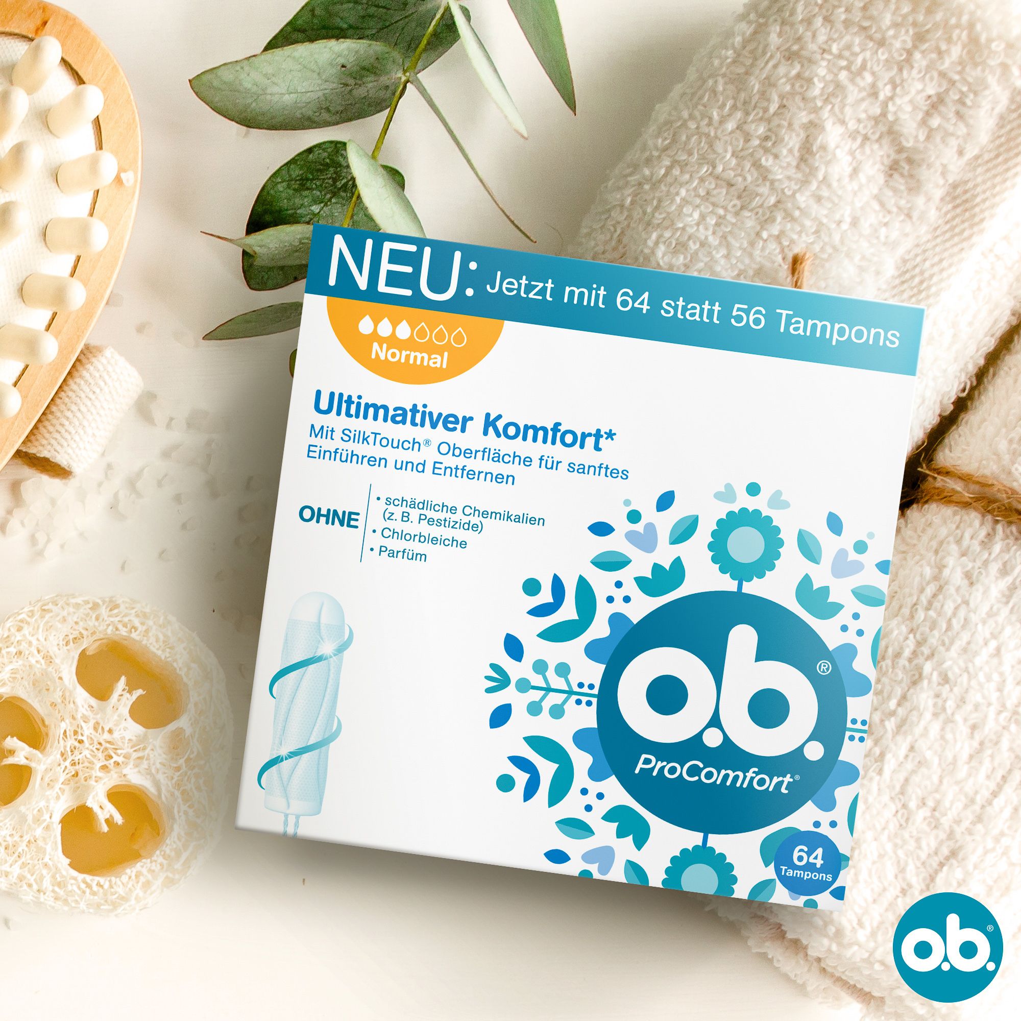 Packung O.B. ProComfort Normal, 64 Tampons. Text: Neu, Ult. Komfort, ohne Schadstoffe. Logo O.B. Zubehör.