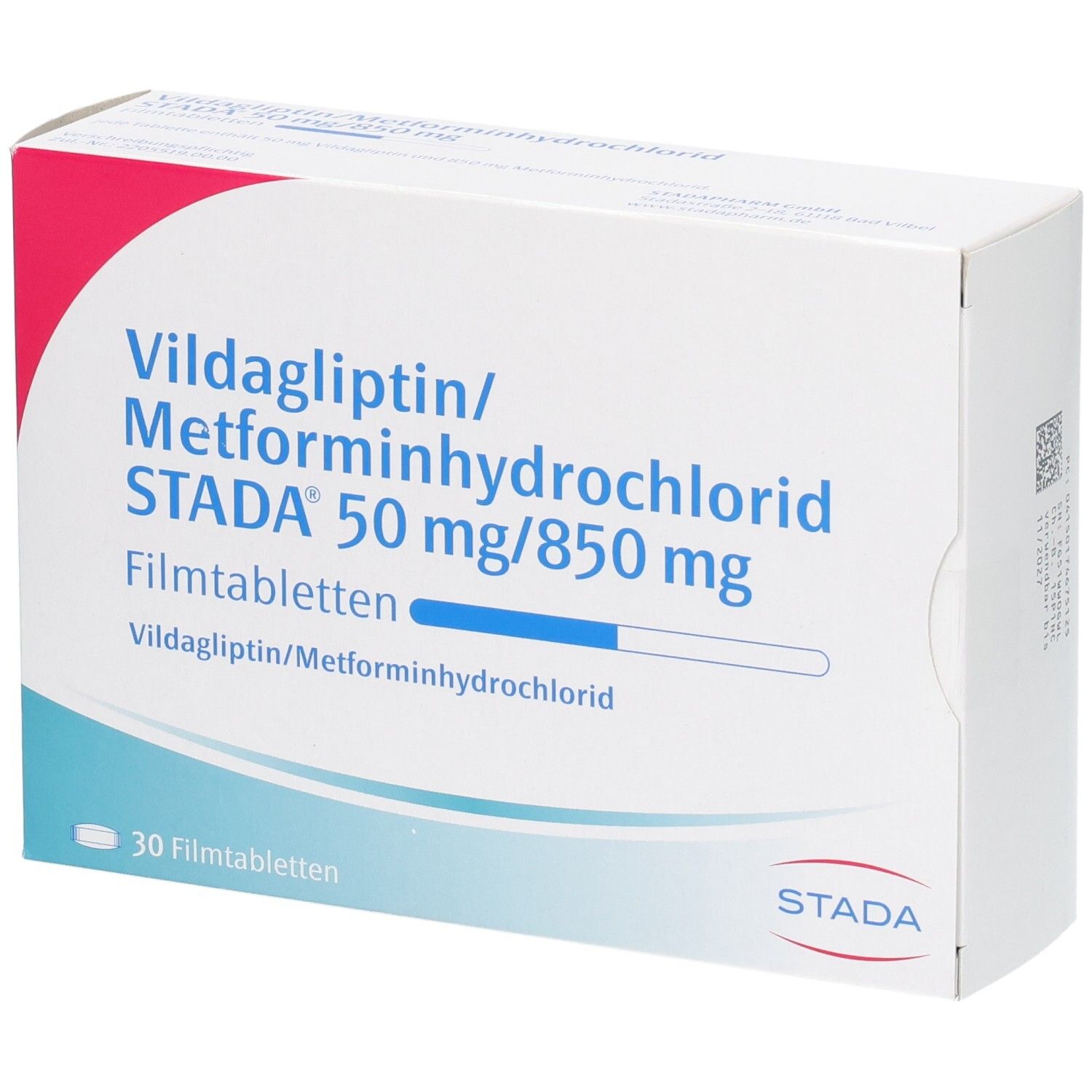 Vildagliptin/Metformin STADA 50 mg/850 mg Filmtabletten, 30 Stück.
