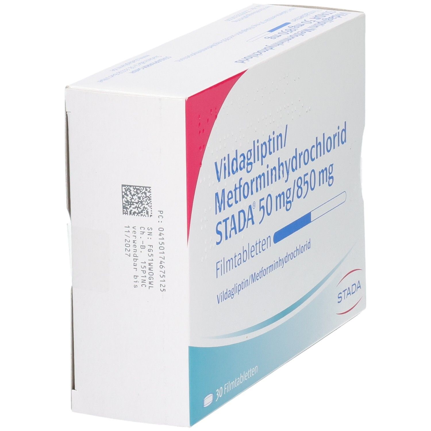 Vildagliptin/Metformin STADA 50 mg/850 mg Filmtabletten, 30 Stück.