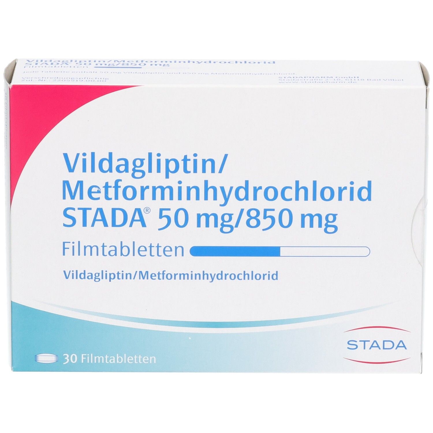 Vildagliptin/Metformin STADA 50 mg/850 mg Filmtabletten, 30 Stück.