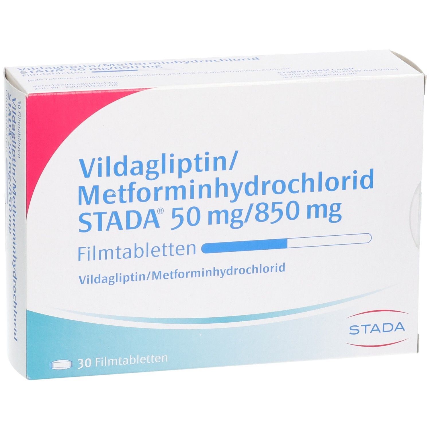 Vildagliptin/Metformin STADA 50 mg/850 mg Filmtabletten, 30 Stück.