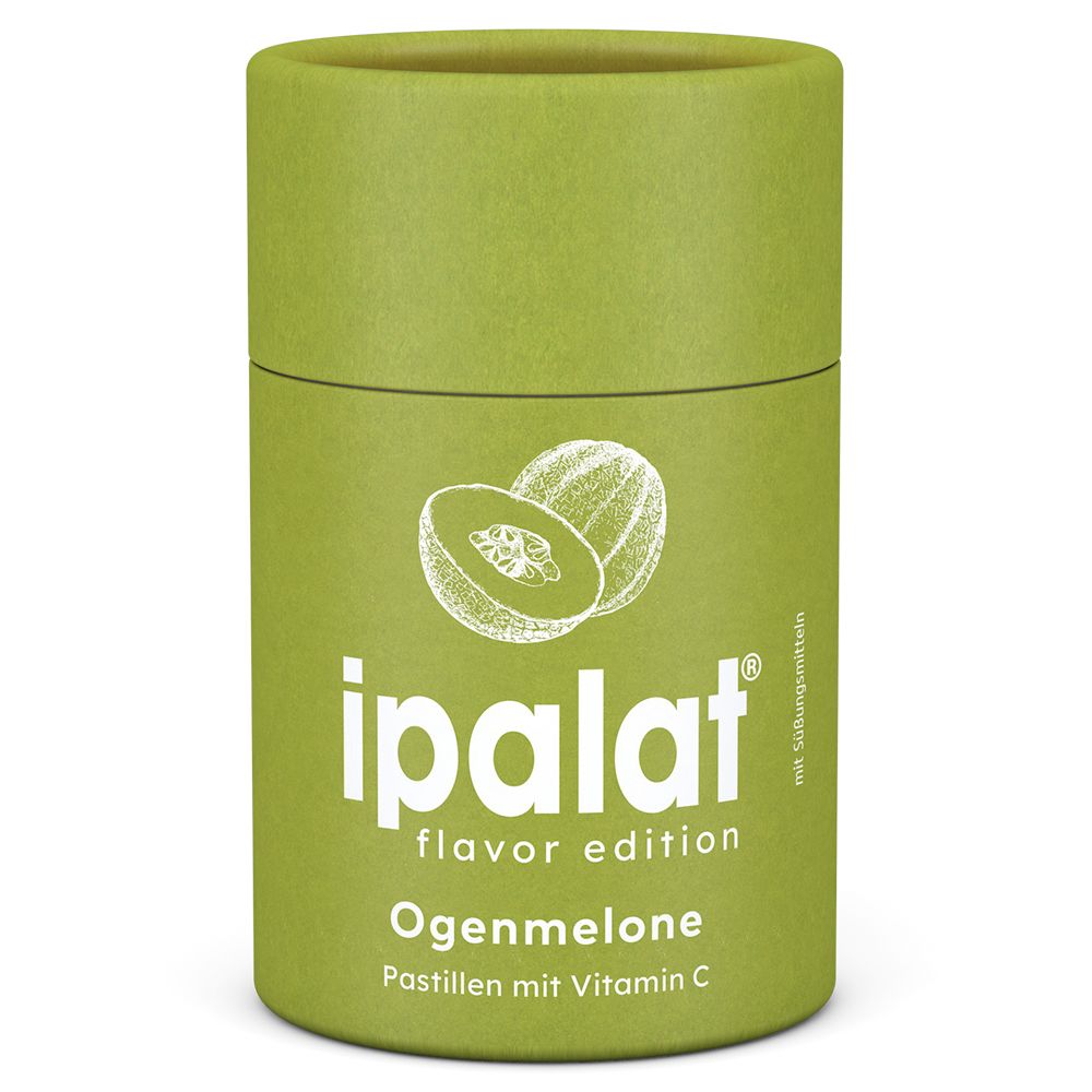 Grüne zylindrische Verpackung mit weißem Schriftzug und Melonen-Illustration. Produktname: ipalat® flavor edition Ogenmelone Pastillen.