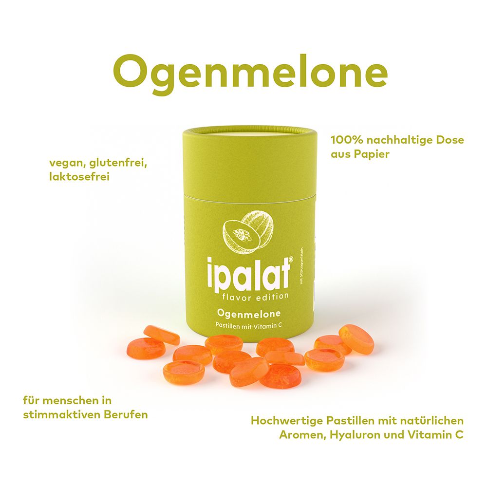 Ogenmelone Pastillen und grüne Verpackung. Aufschrift: ipalat® flavor edition. Vegan, glutenfrei, laktosefrei. 100% nachhaltige Dose aus Papier.