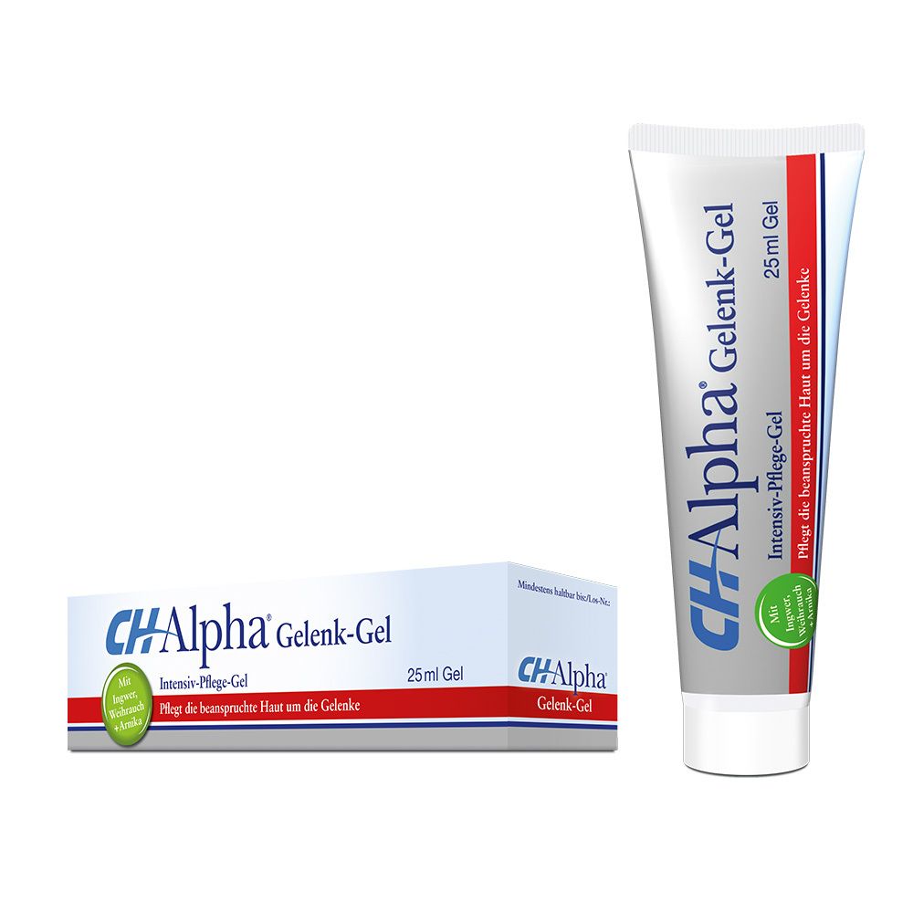 Zwei Tuben und eine Schachtel CH-Alpha Gelenk-Gel. Aufschrift: Intensiv-Pflege-Gel, 25 ml Gel.