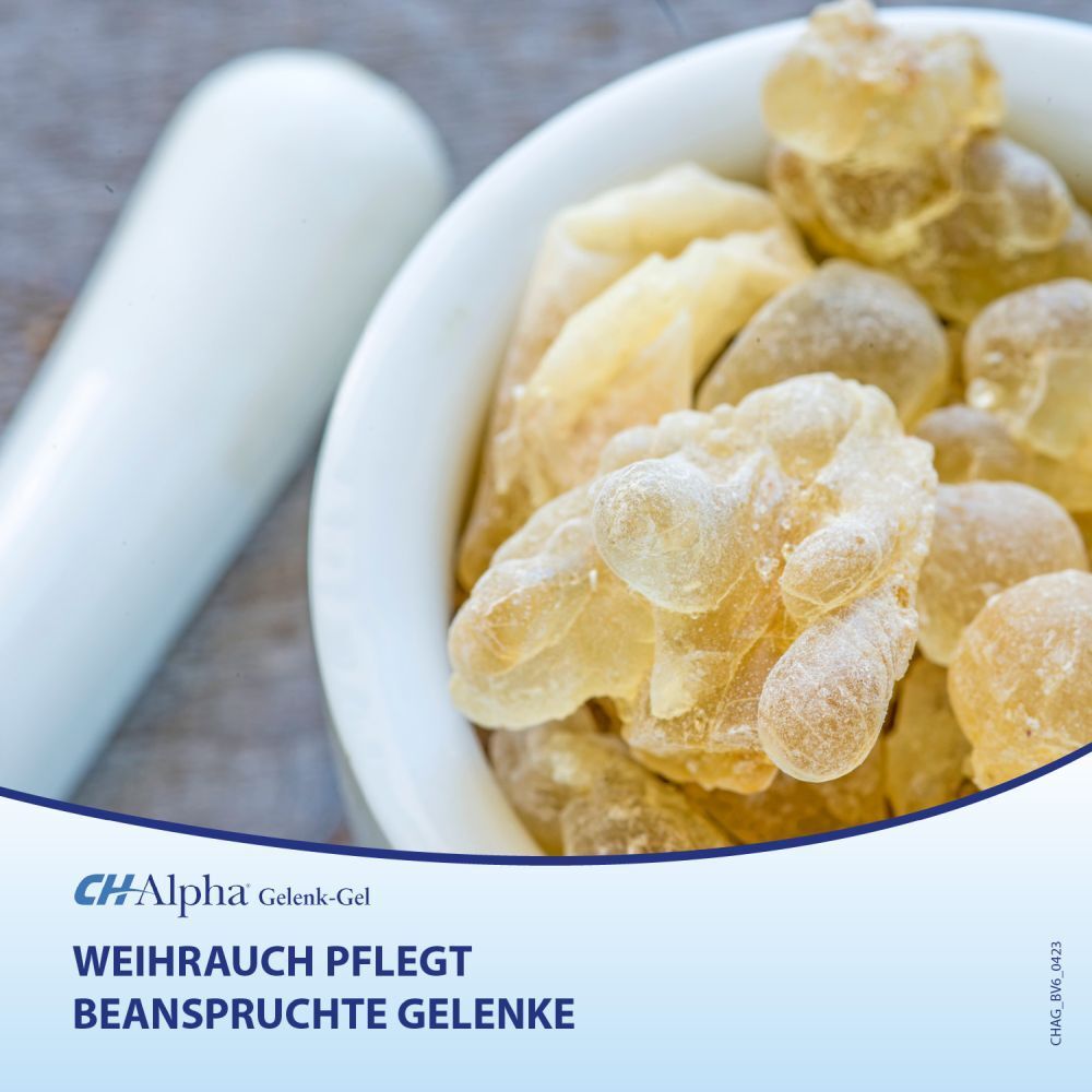 Weihrauch in einer Schale und Mörser. Text: Weihrauch pflegt beanspruchte Gelenke. CH-Alpha Gelenk-Gel Logo.