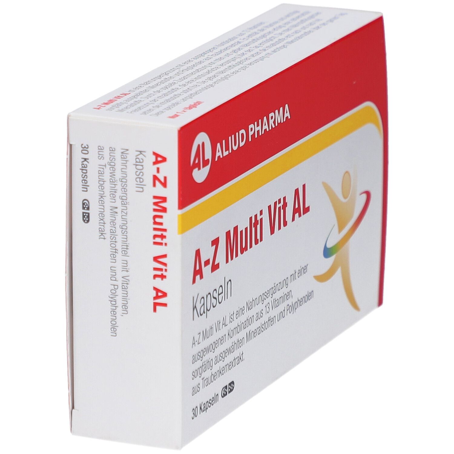Schrägansicht der A-Z Multi Vit AL Kapseln Verpackung. Rote und weiße Schachtel mit Produktnamen und Logo.
