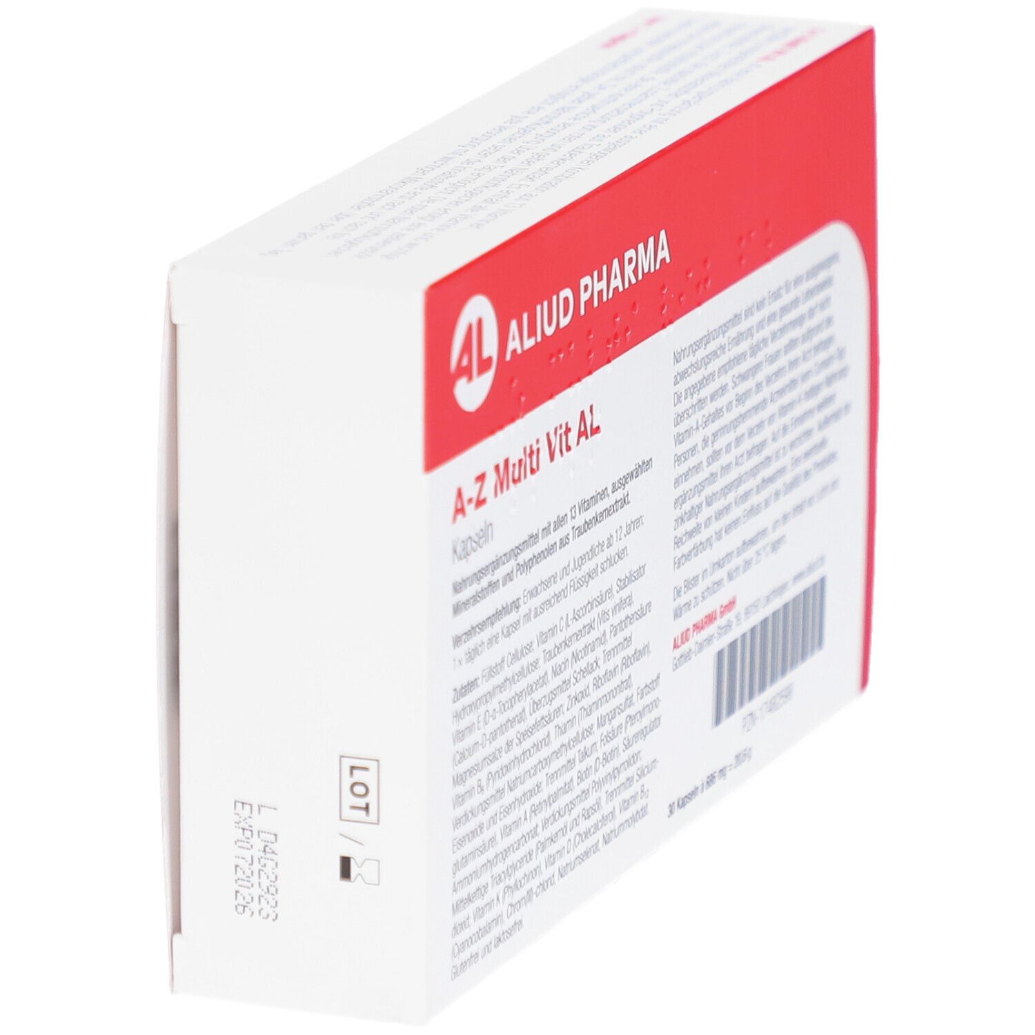 Seitenansicht der A-Z Multi Vit AL Kapseln Verpackung. Enthält Chargennummer und Verfallsdatum.