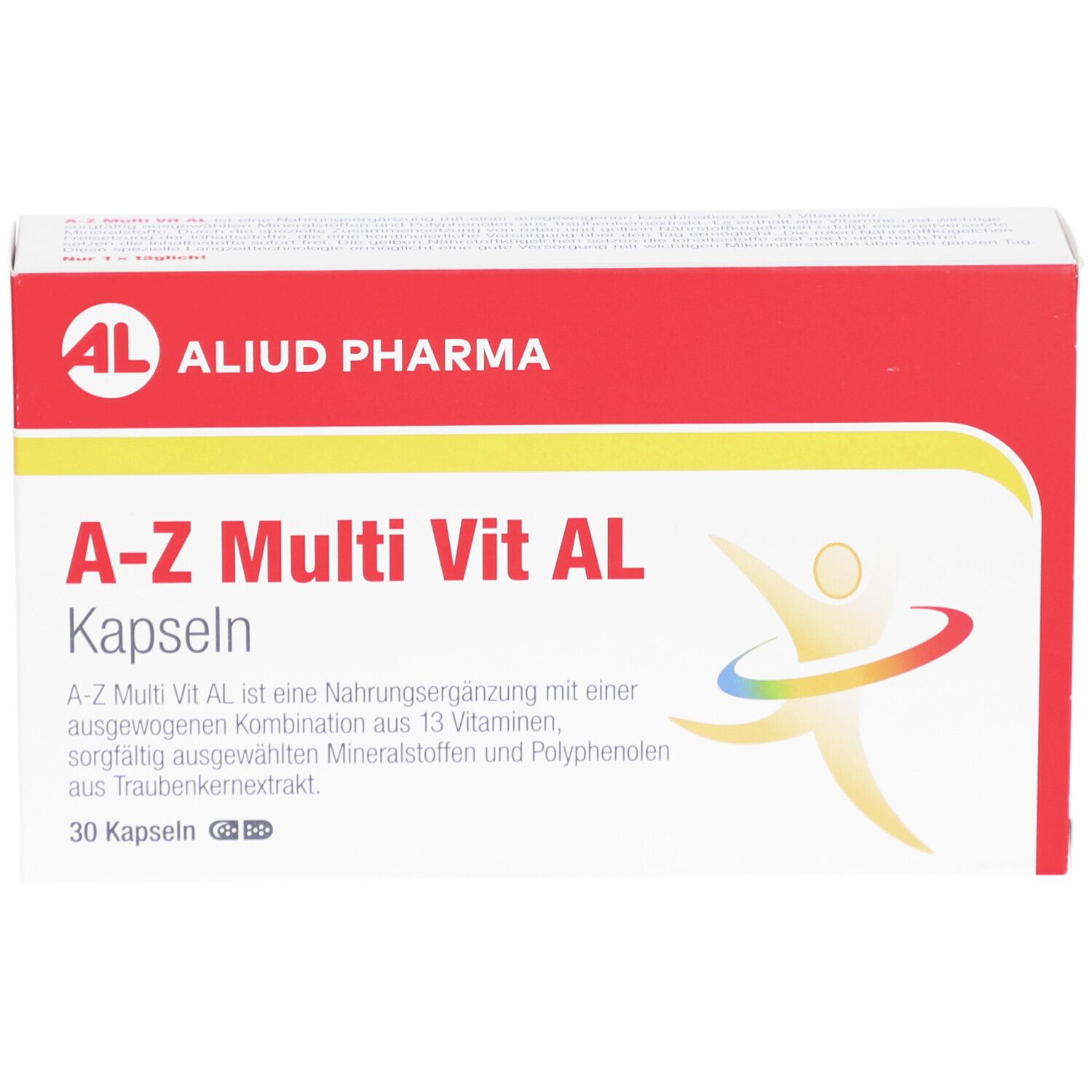 A-Z Multi Vit AL Kapseln Verpackung. Rote und weiße Schachtel mit Produktnamen und Logo. 30 Kapseln.