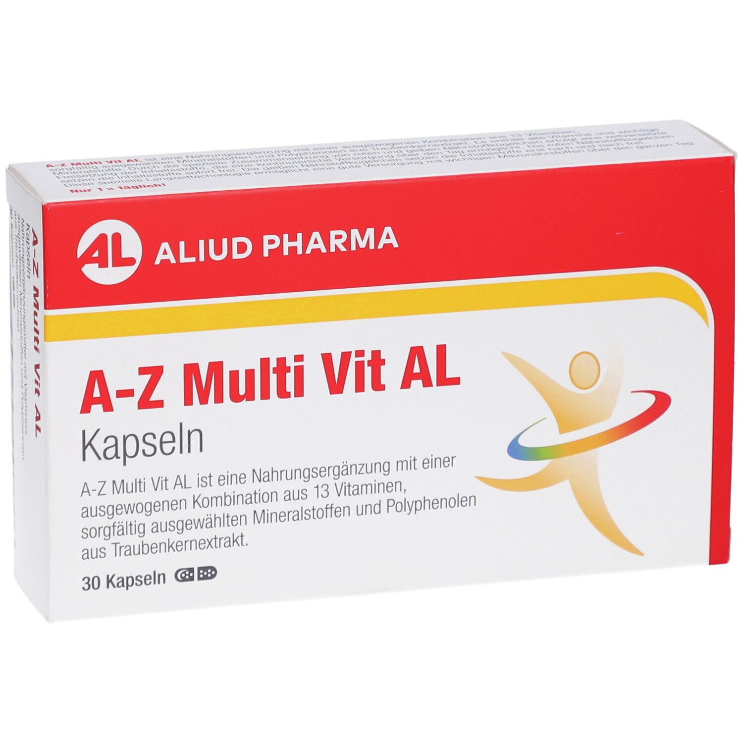A-Z Multi Vit AL Kapseln Verpackung. Rote und weiße Schachtel mit Produktnamen und Logo. 30 Kapseln.