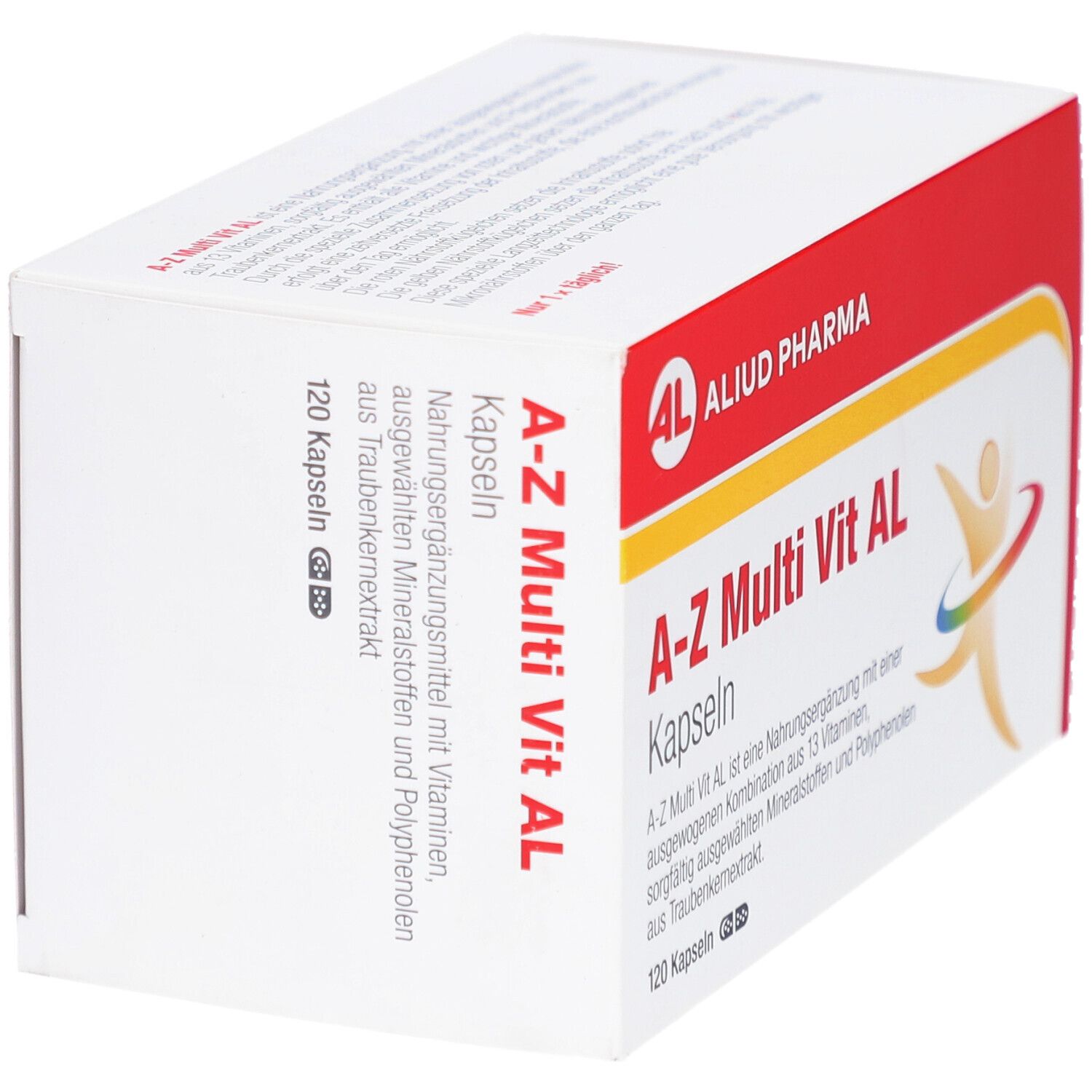Weiß-rote Schachtel mit Aufschrift A-Z Multi Vit AL Kapseln. Marke AL, 120 Kapseln. Text auf der Seite.