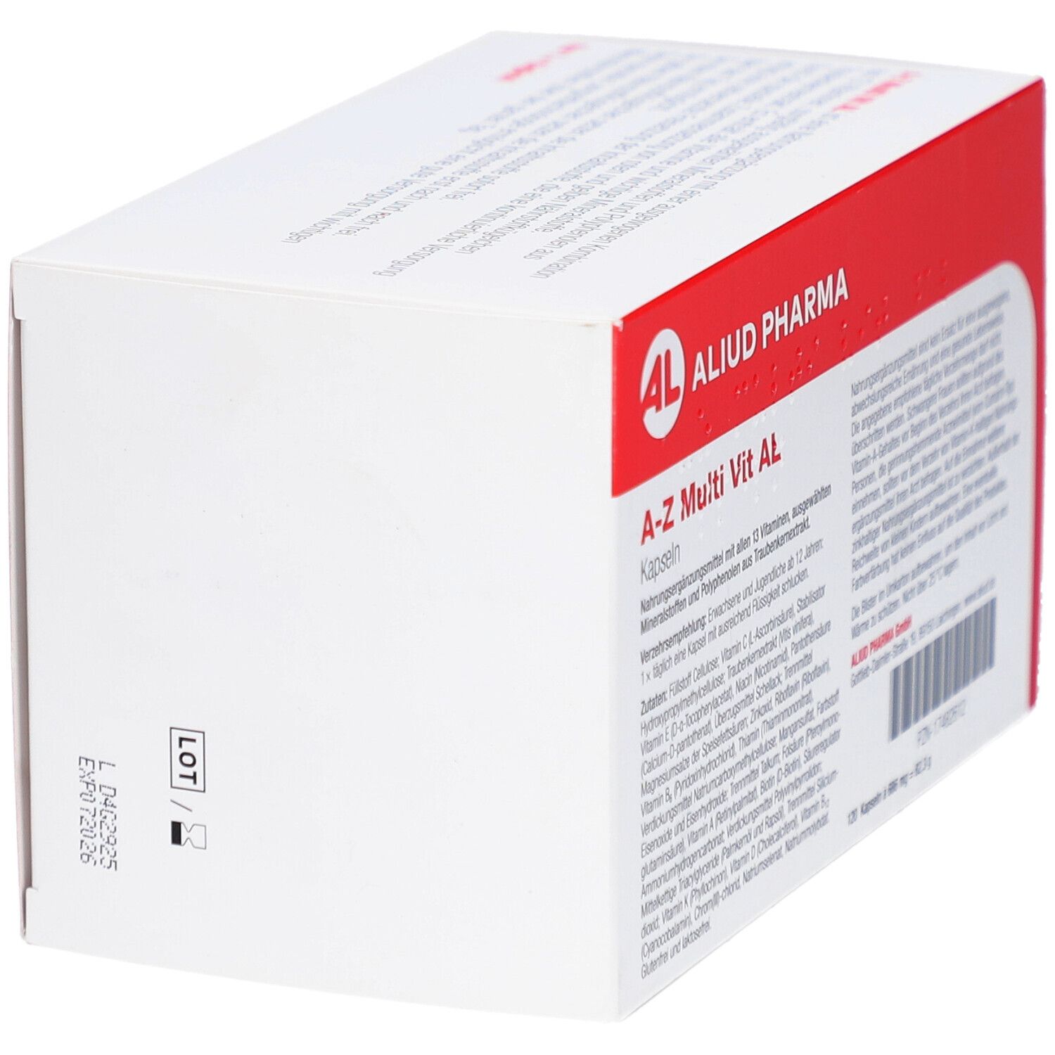 Weiß-rote Schachtel mit Aufschrift A-Z Multi Vit AL Kapseln. Marke AL, 120 Kapseln. Code und Chargennummer.