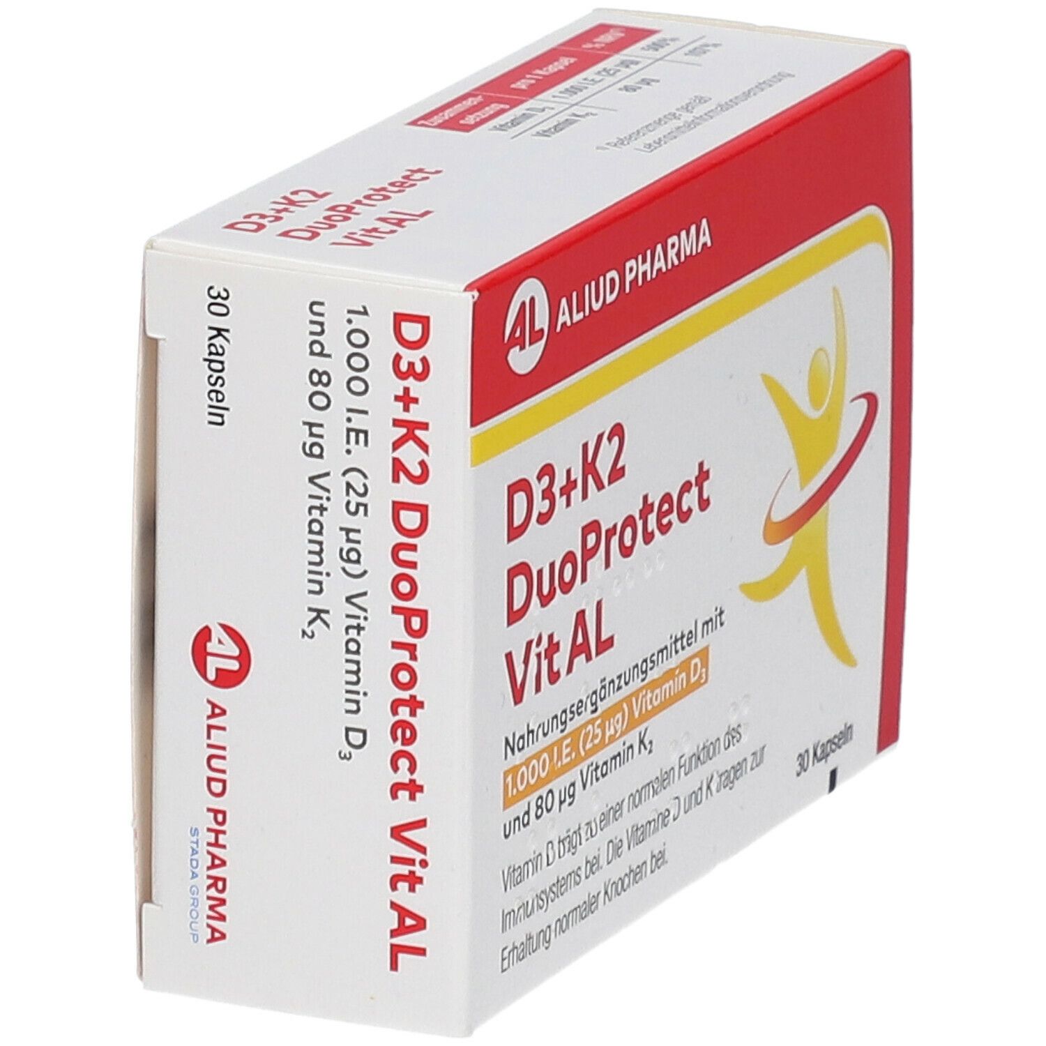 D3+K2 DuoProtect Vit AL-Verpackung. Weiß-rote Schachtel mit Produktnamen und Logo. 30 Kapseln.