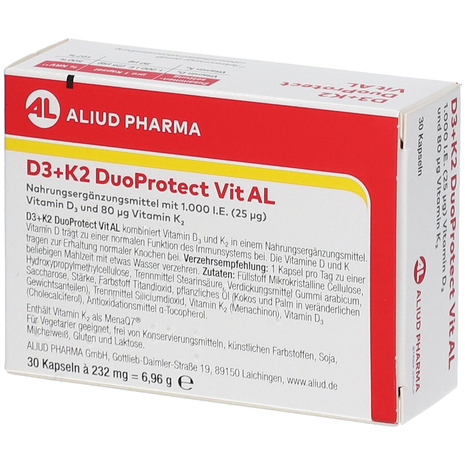 D3+K2 DuoProtect Vit AL-Verpackung. Weiß-rote Schachtel mit Produktinformationen und Logo. 30 Kapseln.