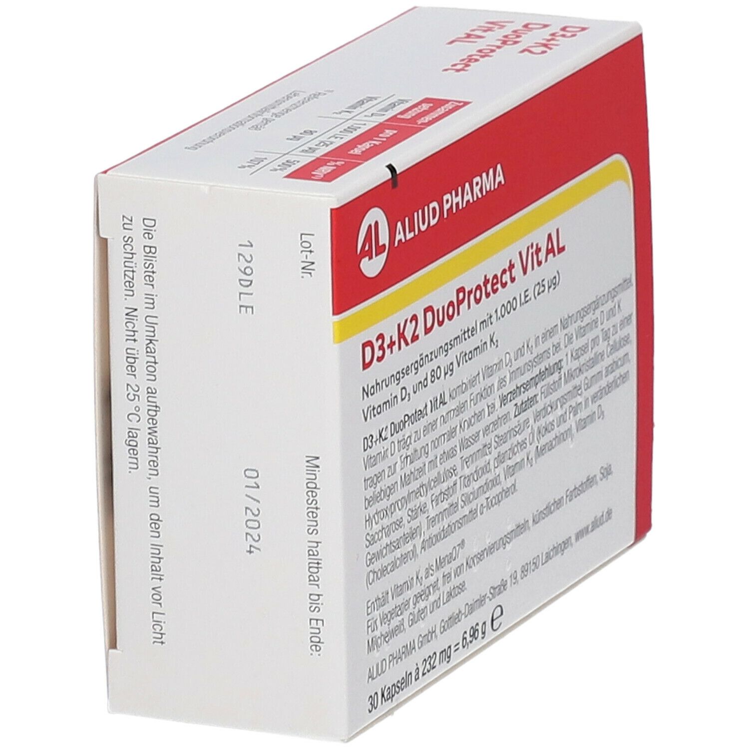 D3+K2 DuoProtect Vit AL-Verpackung. Weiß-rote Schachtel mit Produktinformationen und Logo. Mindesthaltbarkeit 01/2024.