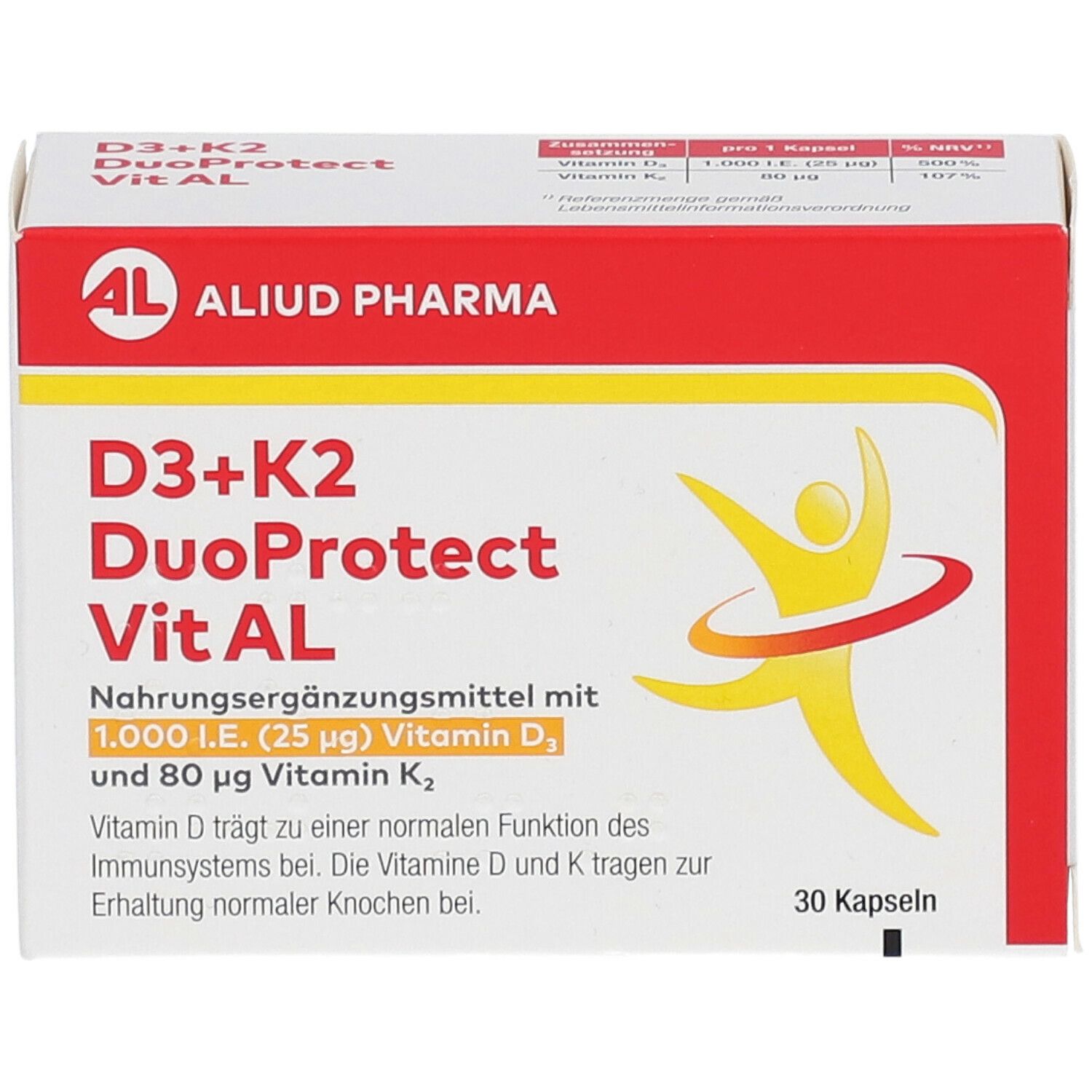 D3+K2 DuoProtect Vit AL-Verpackung. Weiß-rote Schachtel mit Produktnamen und Logo. 30 Kapseln.