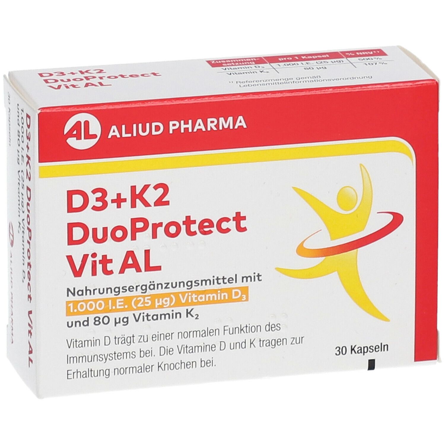 D3+K2 DuoProtect Vit AL-Verpackung. Weiß-rote Schachtel mit Produktnamen und Logo. 30 Kapseln.