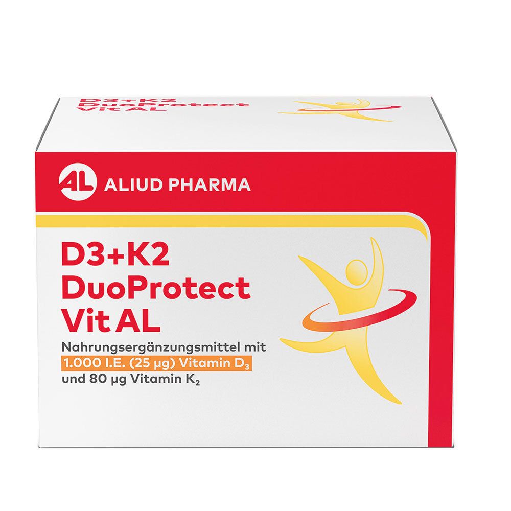 Weißer Karton mit roter und gelber Grafik. Aufschrift: D3+K2 DuoProtect Vit AL, Nahrungsergänzungsmittel.